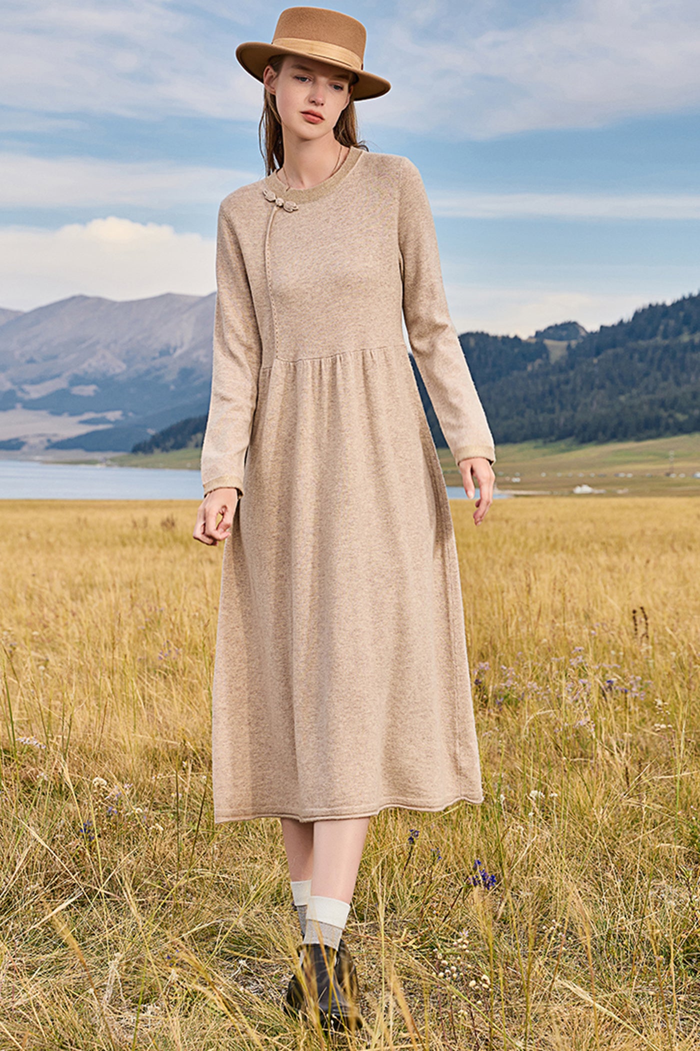 KAMILAN New Chinese Retro Wool Knitted Dress Women's New Mid-long High Waist A-line Dress in Fall/Winter 2025