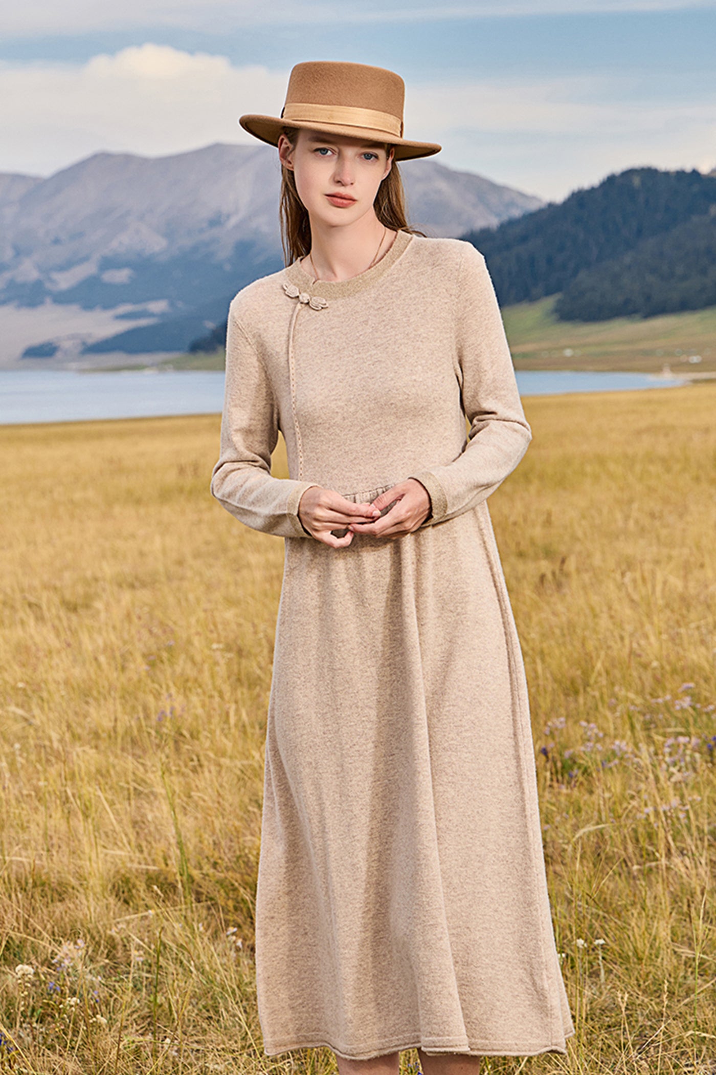 KAMILAN New Chinese Retro Wool Knitted Dress Women's New Mid-long High Waist A-line Dress in Fall/Winter 2025