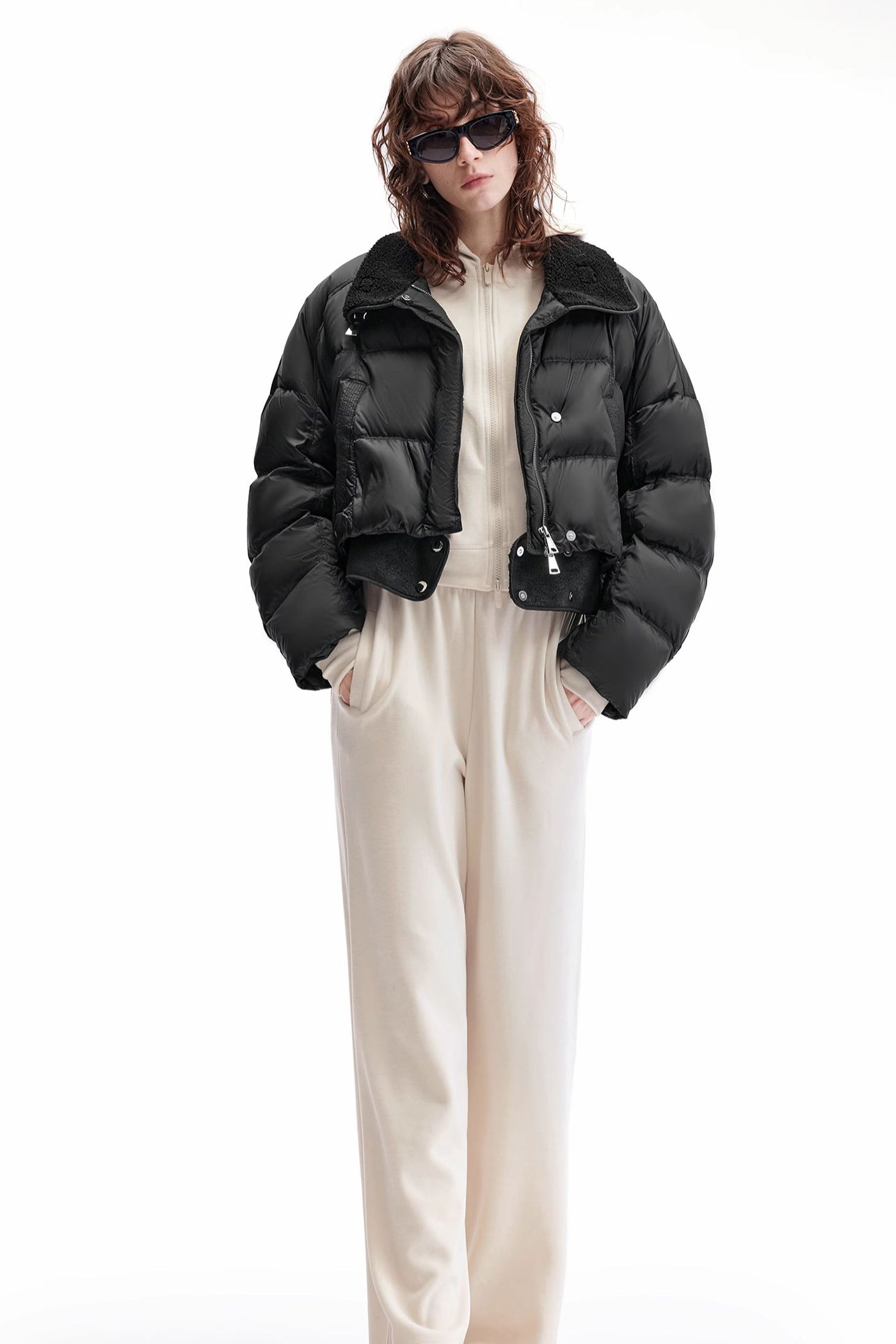 KAMILAN plush lapel splicing down jacket women's new short warm white duck down jacket in winter 2025