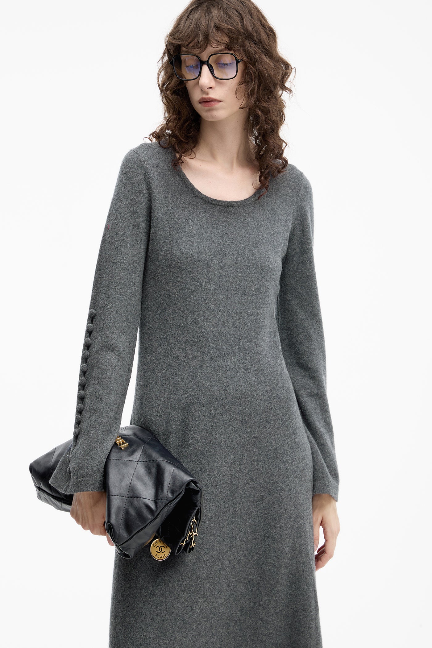 KAMILAN wool knitted dress women's autumn 2025 new long sweater bottoming skirt