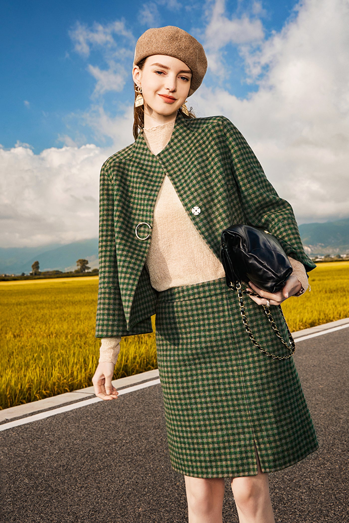 KAMILAN wool skirt women's autumn and winter new checkerboard double-sided skirt A-line skirt short skirt