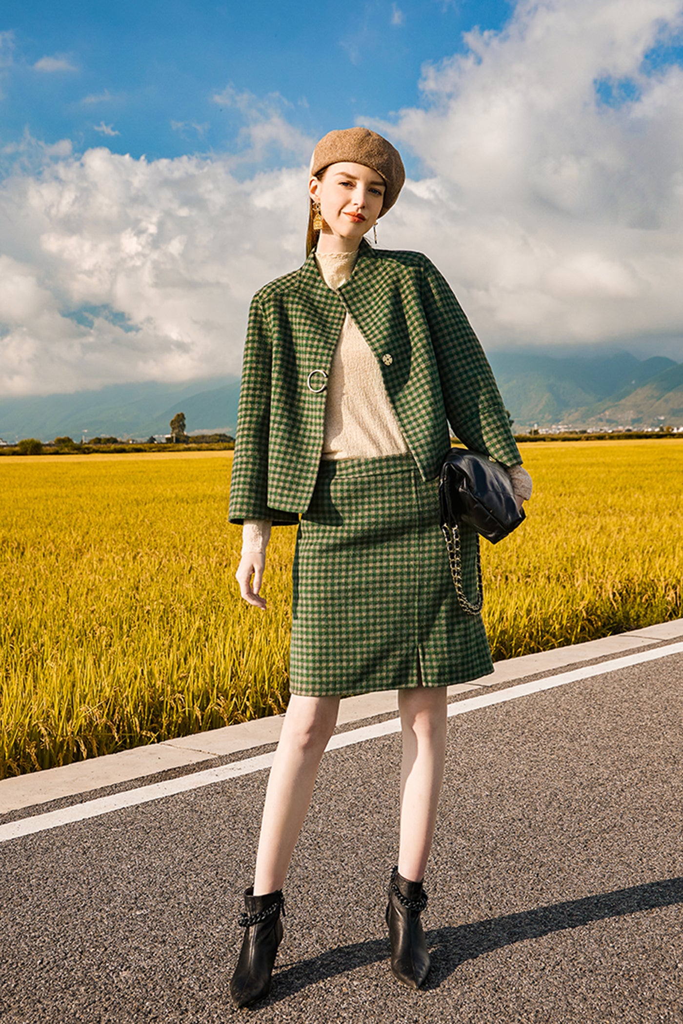 KAMILAN wool skirt women's autumn and winter new checkerboard double-sided skirt A-line skirt short skirt