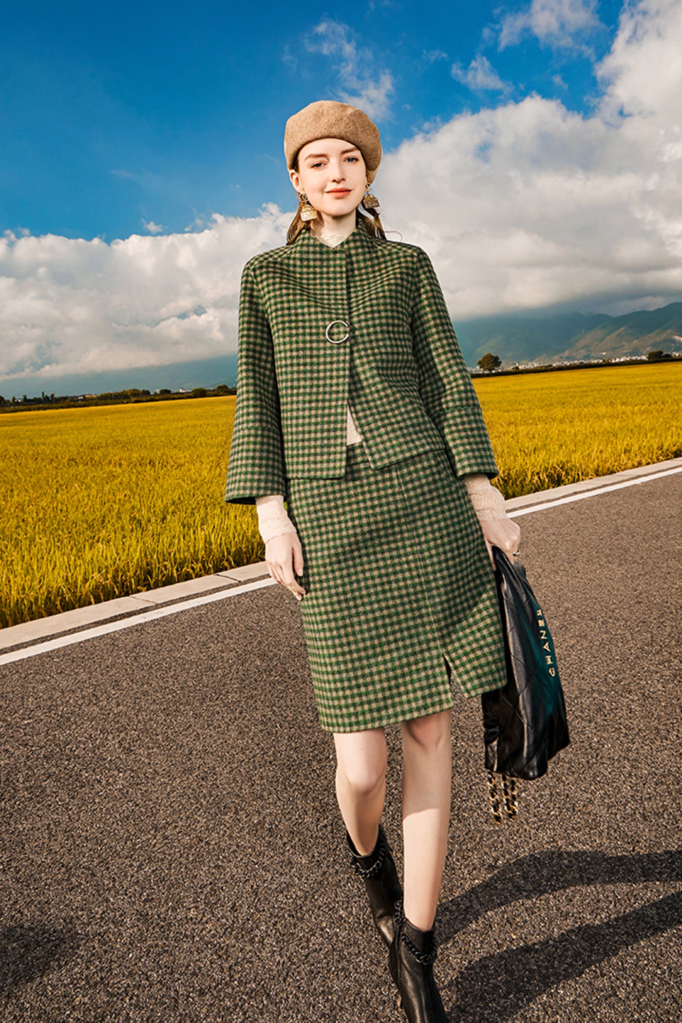 KAMILAN wool skirt women's autumn and winter new checkerboard double-sided skirt A-line skirt short skirt