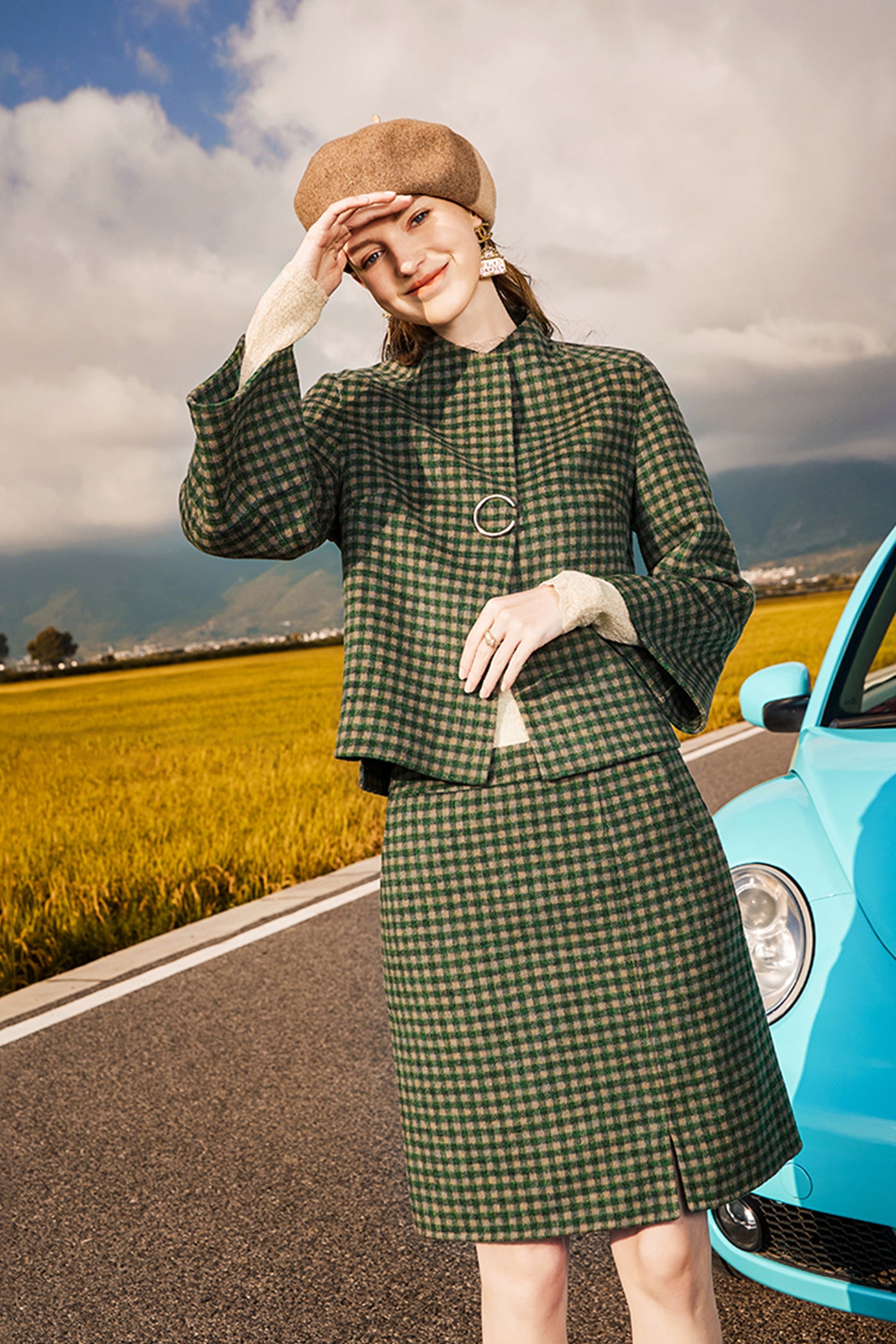 KAMILAN wool skirt women's autumn and winter new checkerboard double-sided skirt A-line skirt short skirt