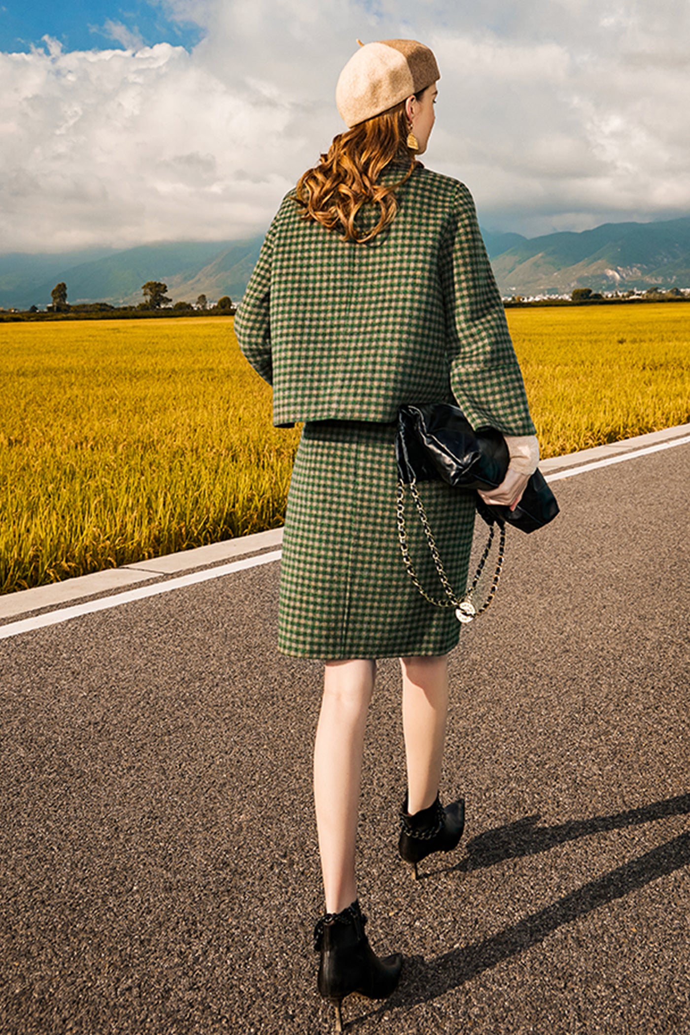 KAMILAN wool skirt women's autumn and winter new checkerboard double-sided skirt A-line skirt short skirt