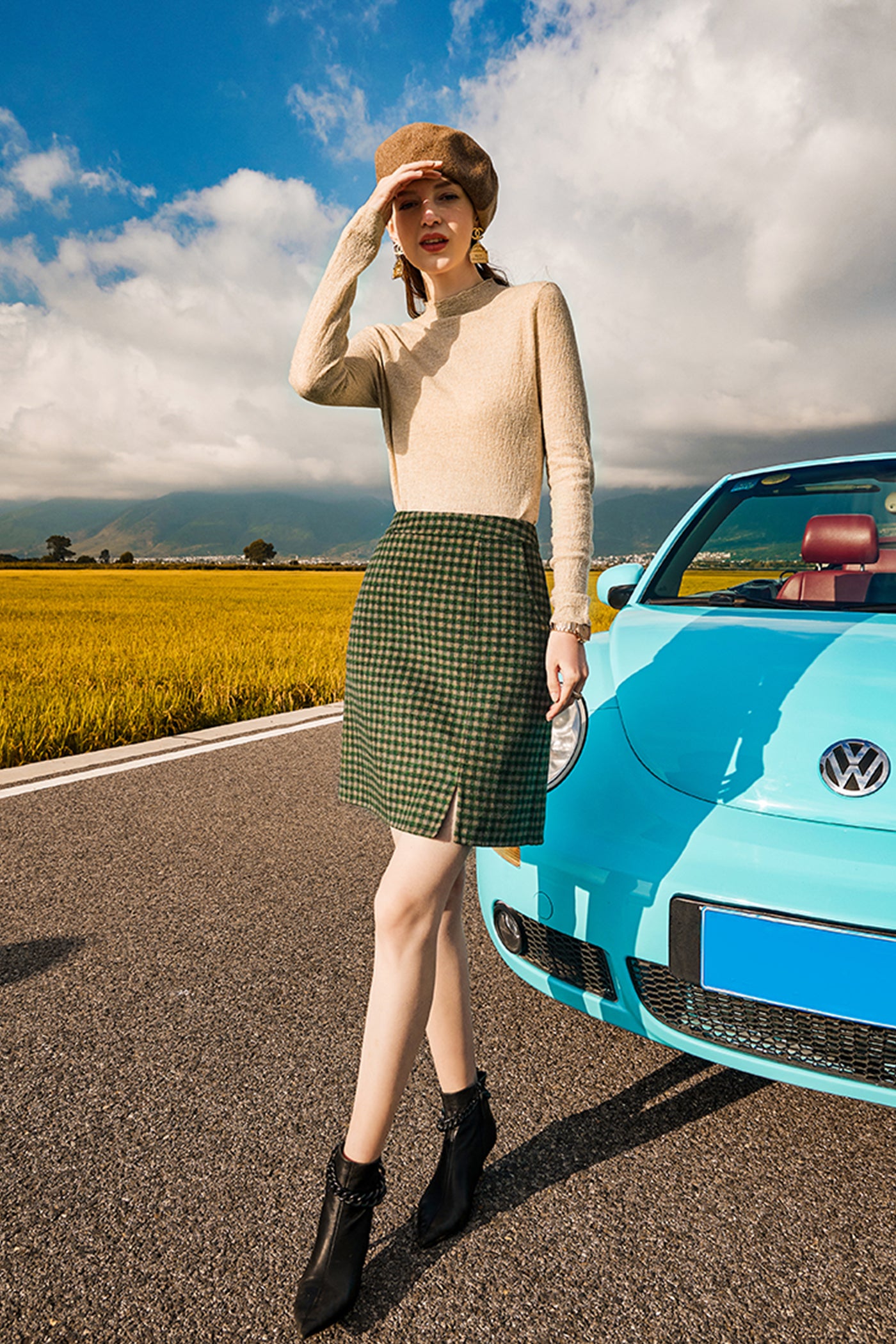 KAMILAN wool skirt women's autumn and winter new checkerboard double-sided skirt A-line skirt short skirt