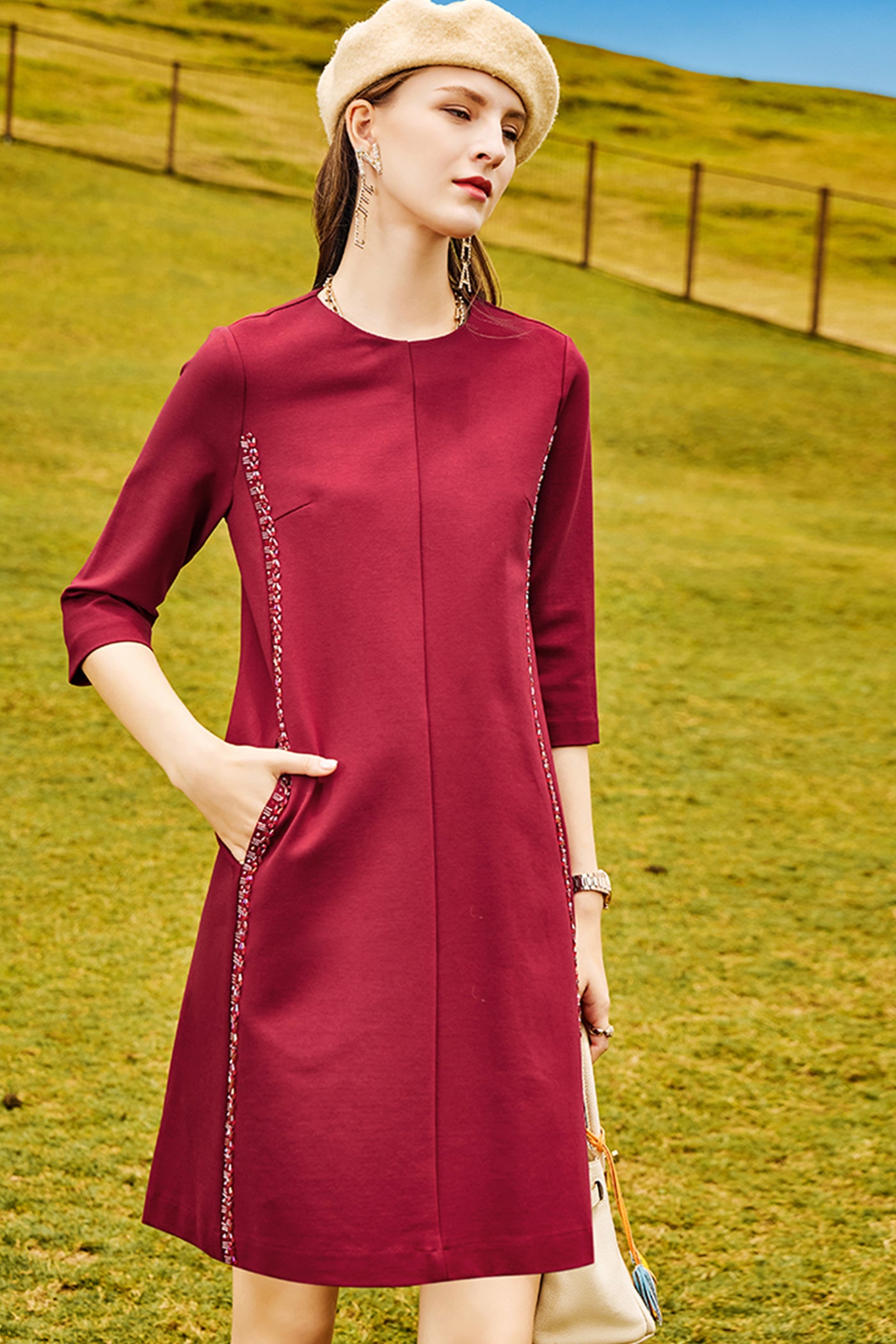 KAMILAN red cropped sleeve dress female 2025 autumn new long dress beaded pullover A-line skirt.