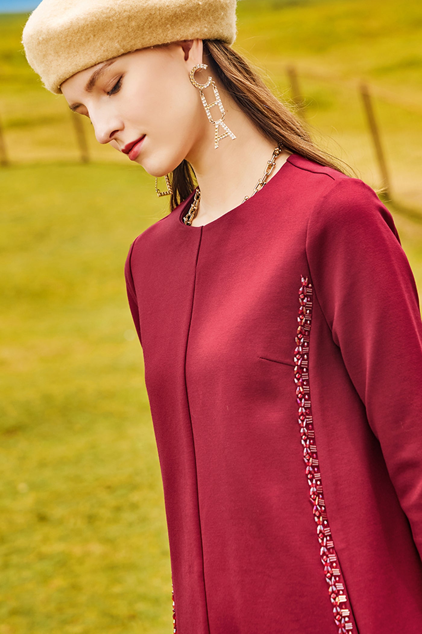KAMILAN red cropped sleeve dress female 2025 autumn new long dress beaded pullover A-line skirt.