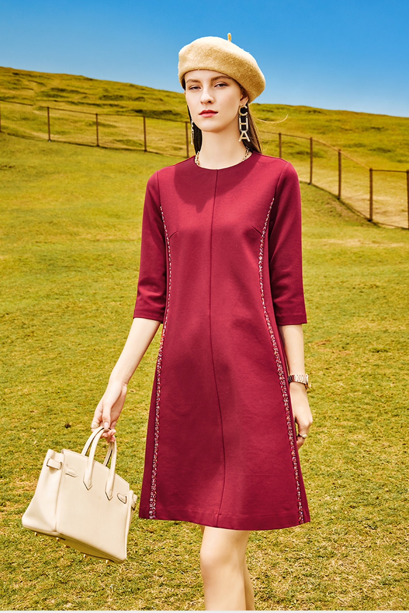 KAMILAN red cropped sleeve dress female 2025 autumn new long dress beaded pullover A-line skirt.