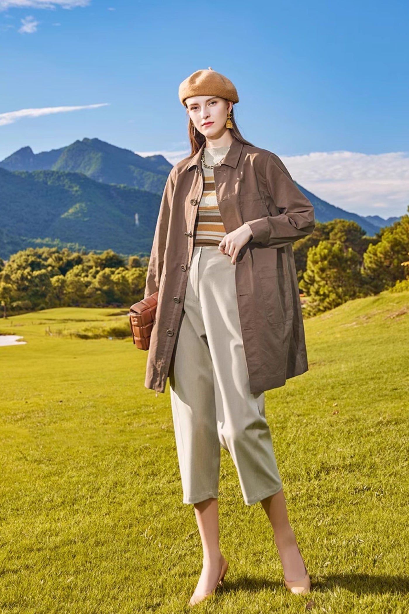 KAMILAN square collar long-sleeved casual windbreaker women's autumn 2025 new loose medium and long fashion coat