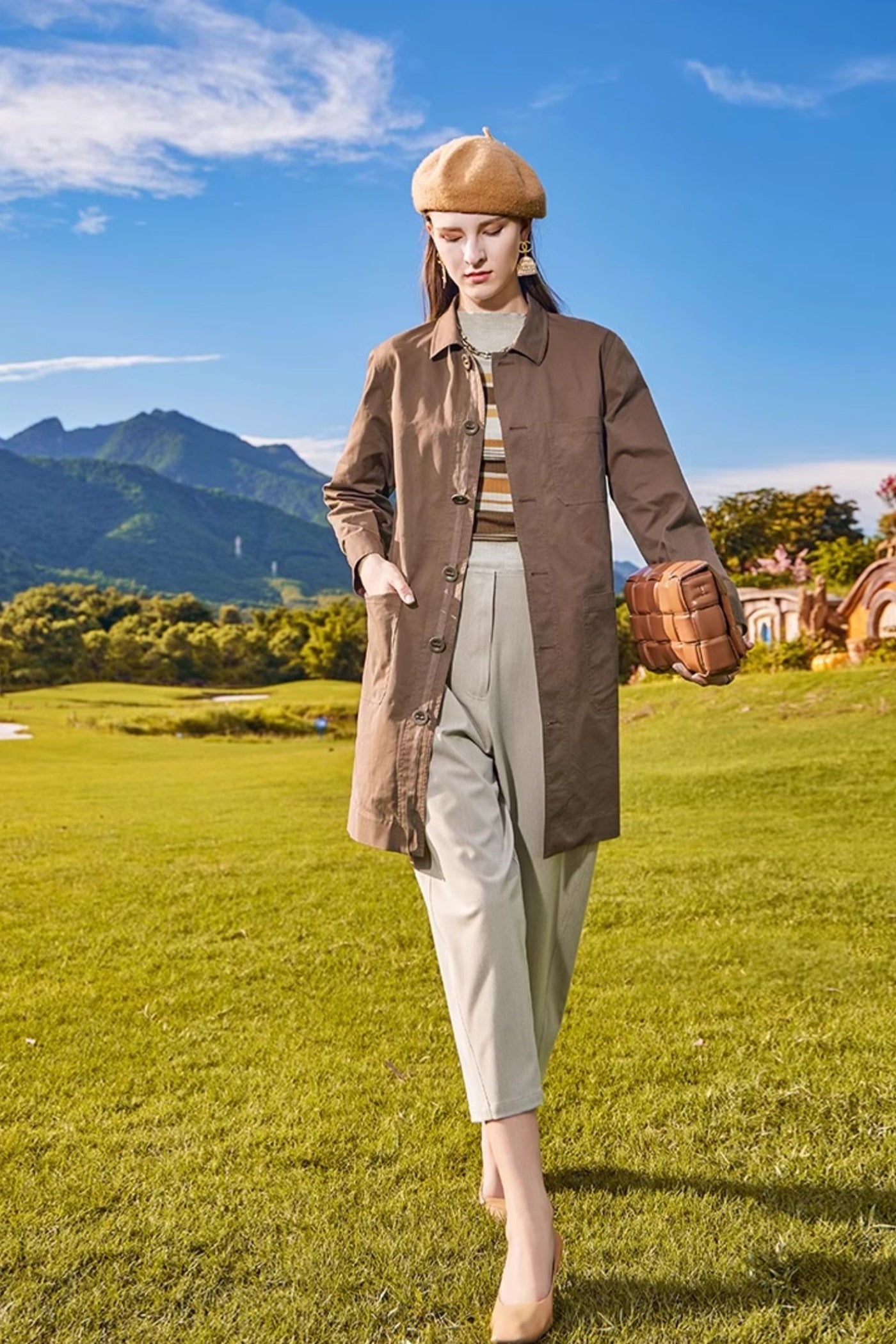 KAMILAN square collar long-sleeved casual windbreaker women's autumn 2025 new loose medium and long fashion coat