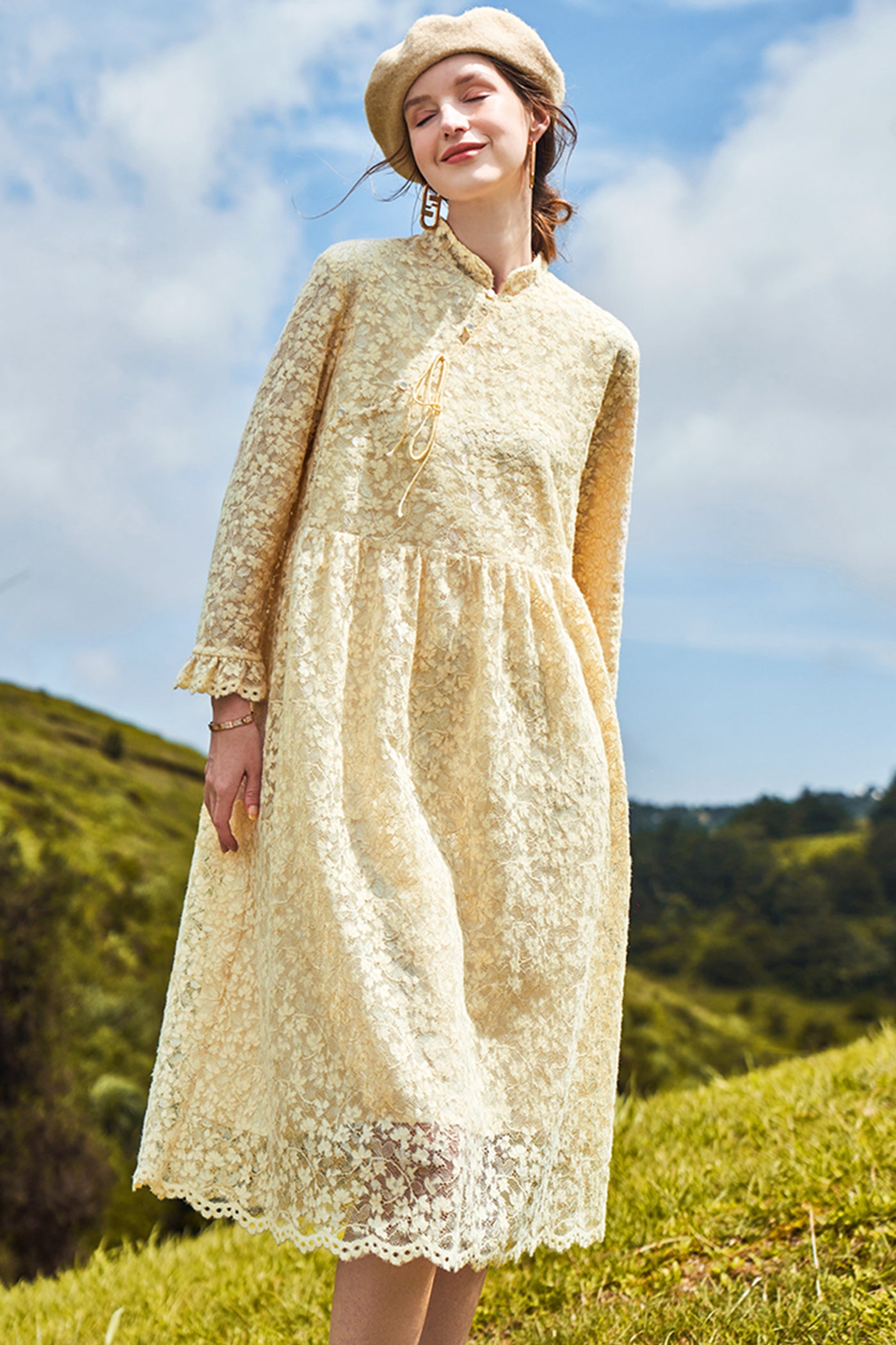 KAMILAN New Chinese Style Retro Lace Flocking Dress Women's Autumn New Loose Long A-line Dress