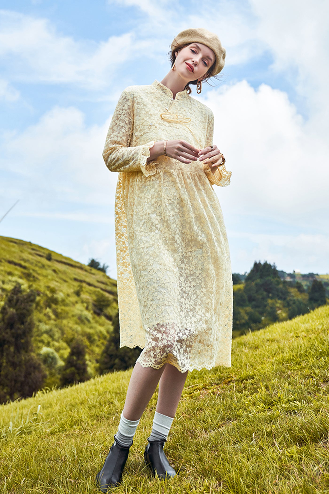 KAMILAN New Chinese Style Retro Lace Flocking Dress Women's Autumn New Loose Long A-line Dress
