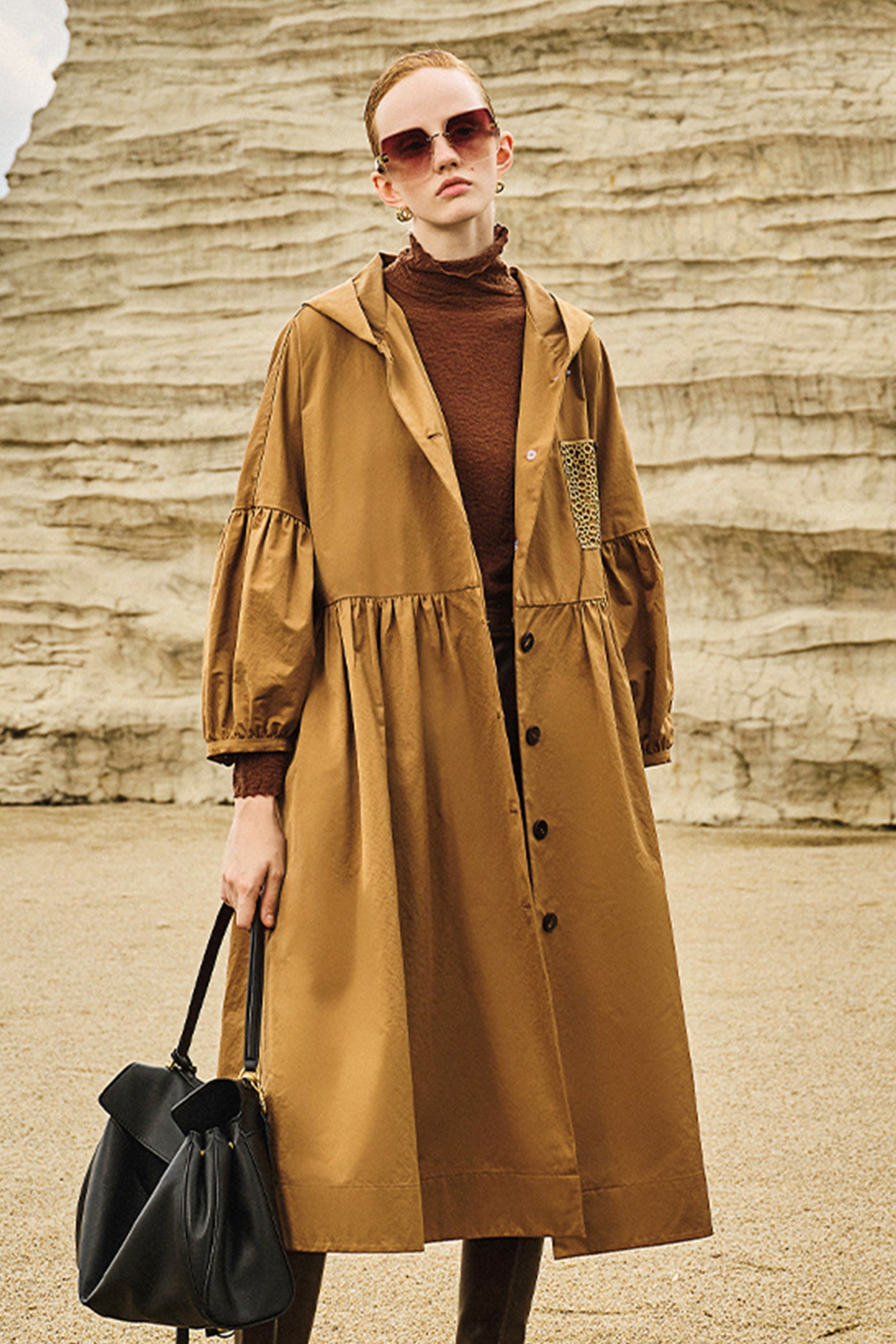 KAMILAN French style design windbreaker women's autumn 2025 new lantern sleeves long trench coat hooded.