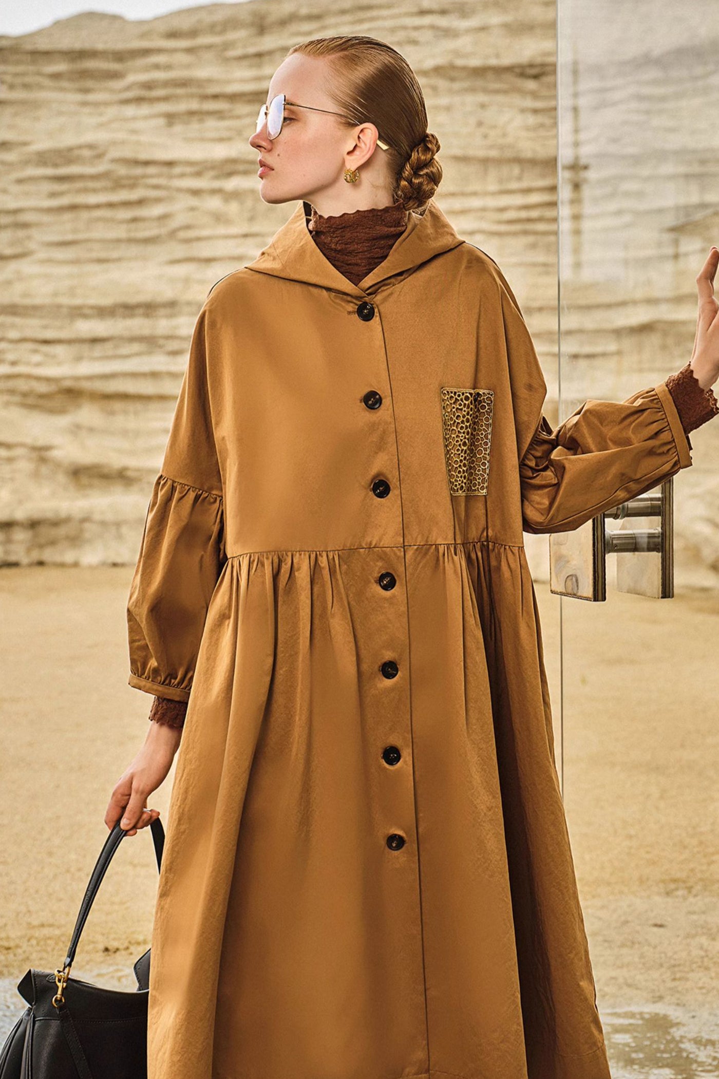 KAMILAN French style design windbreaker women's autumn 2025 new lantern sleeves long trench coat hooded.