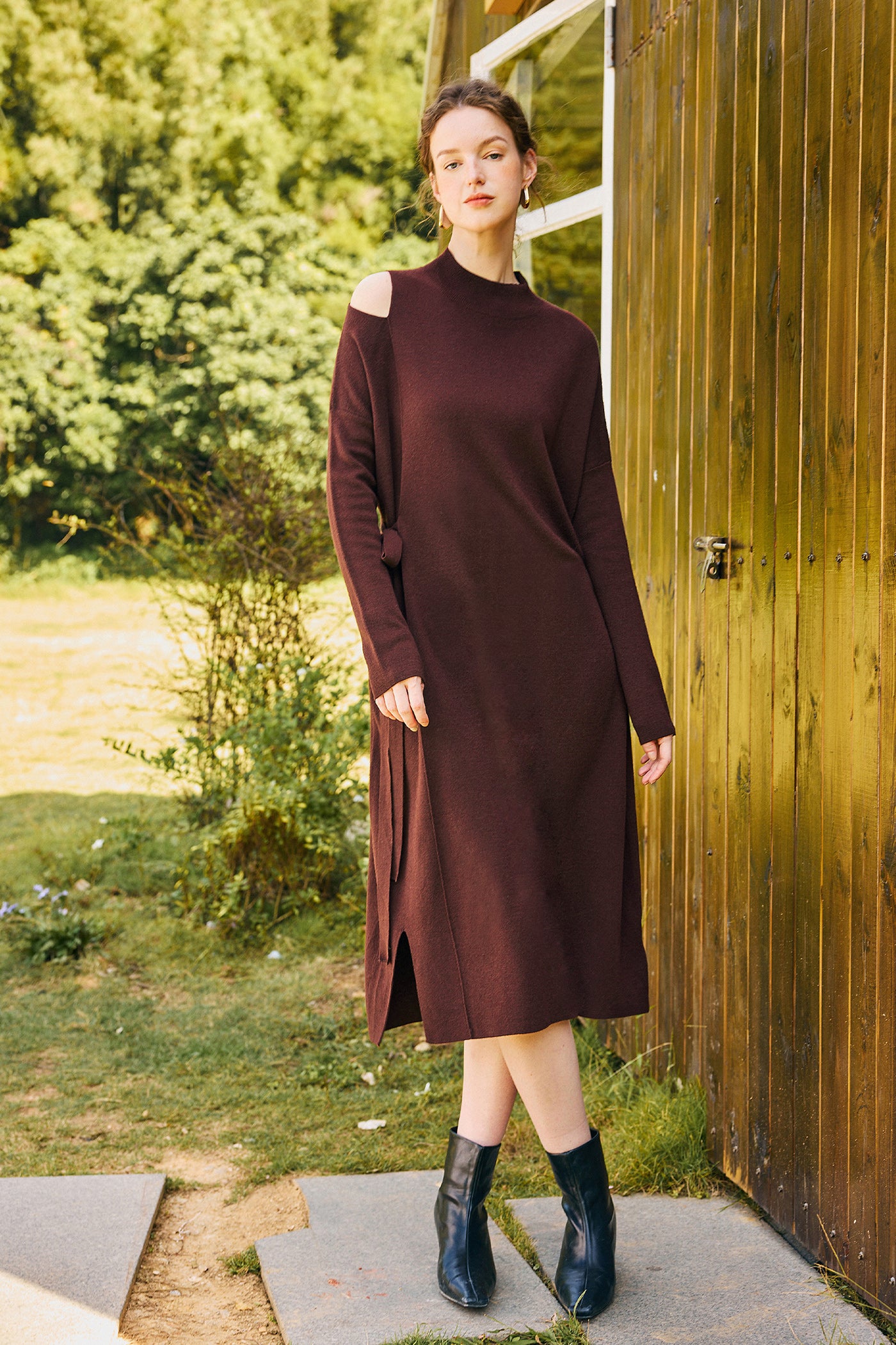KAMILAN wool knitted dress women's autumn and winter 2025 new long sweater dress