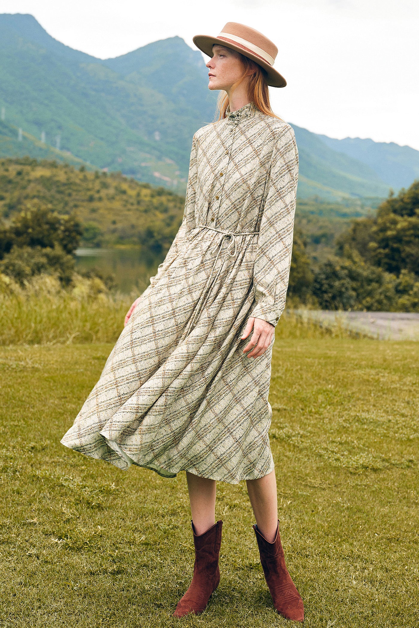 KAMILAN retro diamond shape print dress female autumn 2025 new long shirt dress