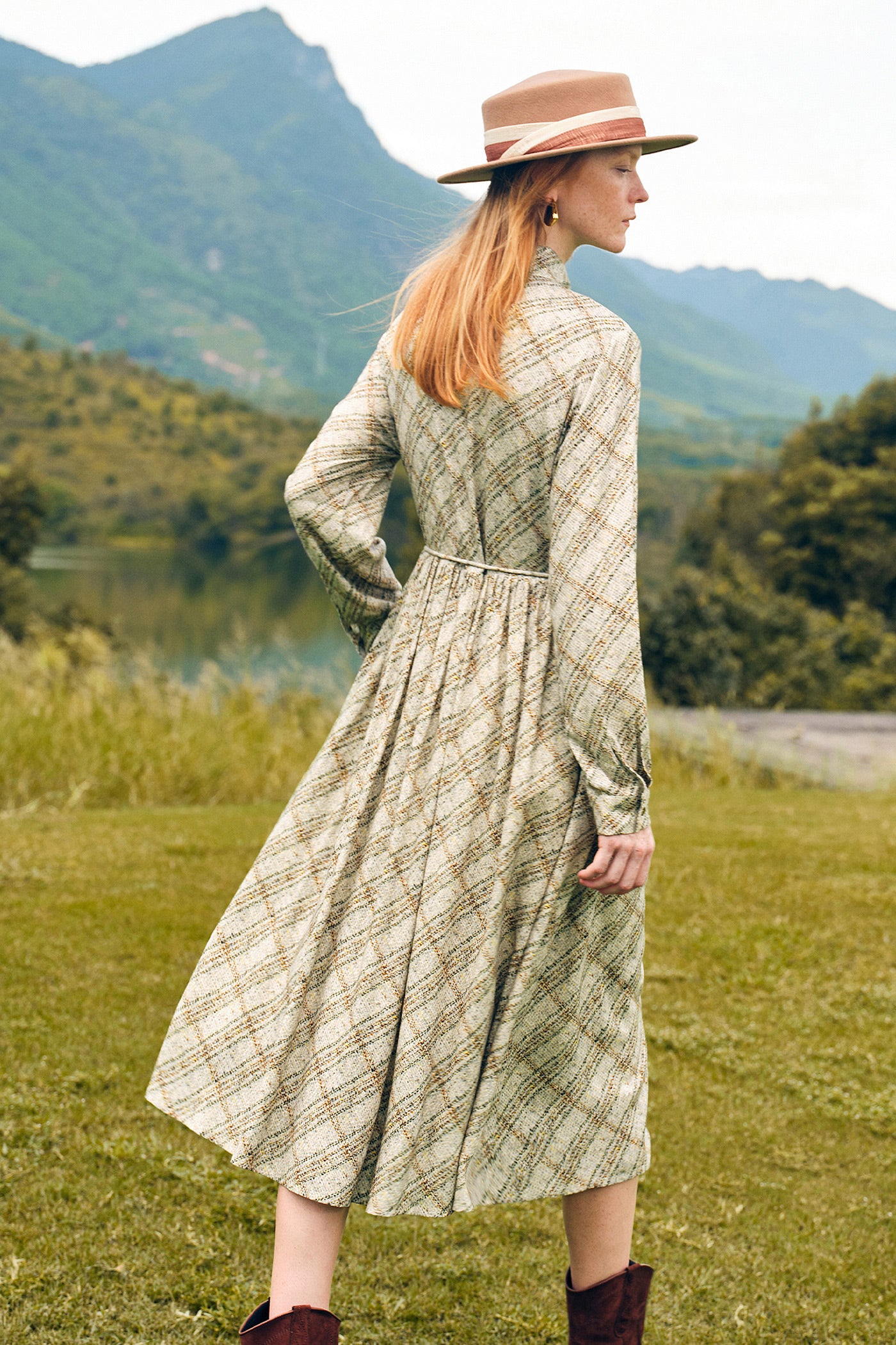 KAMILAN retro diamond shape print dress female autumn 2025 new long shirt dress