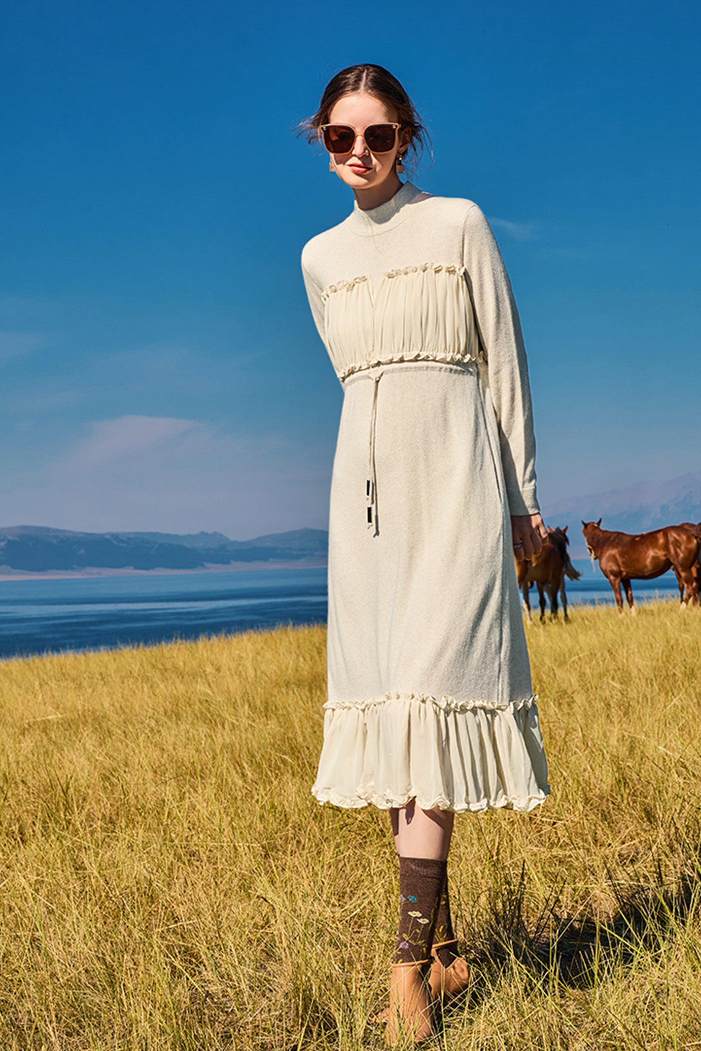 KAMILAN cashmere knit dress female autumn 2025 new style long-sleeved sweater dress
