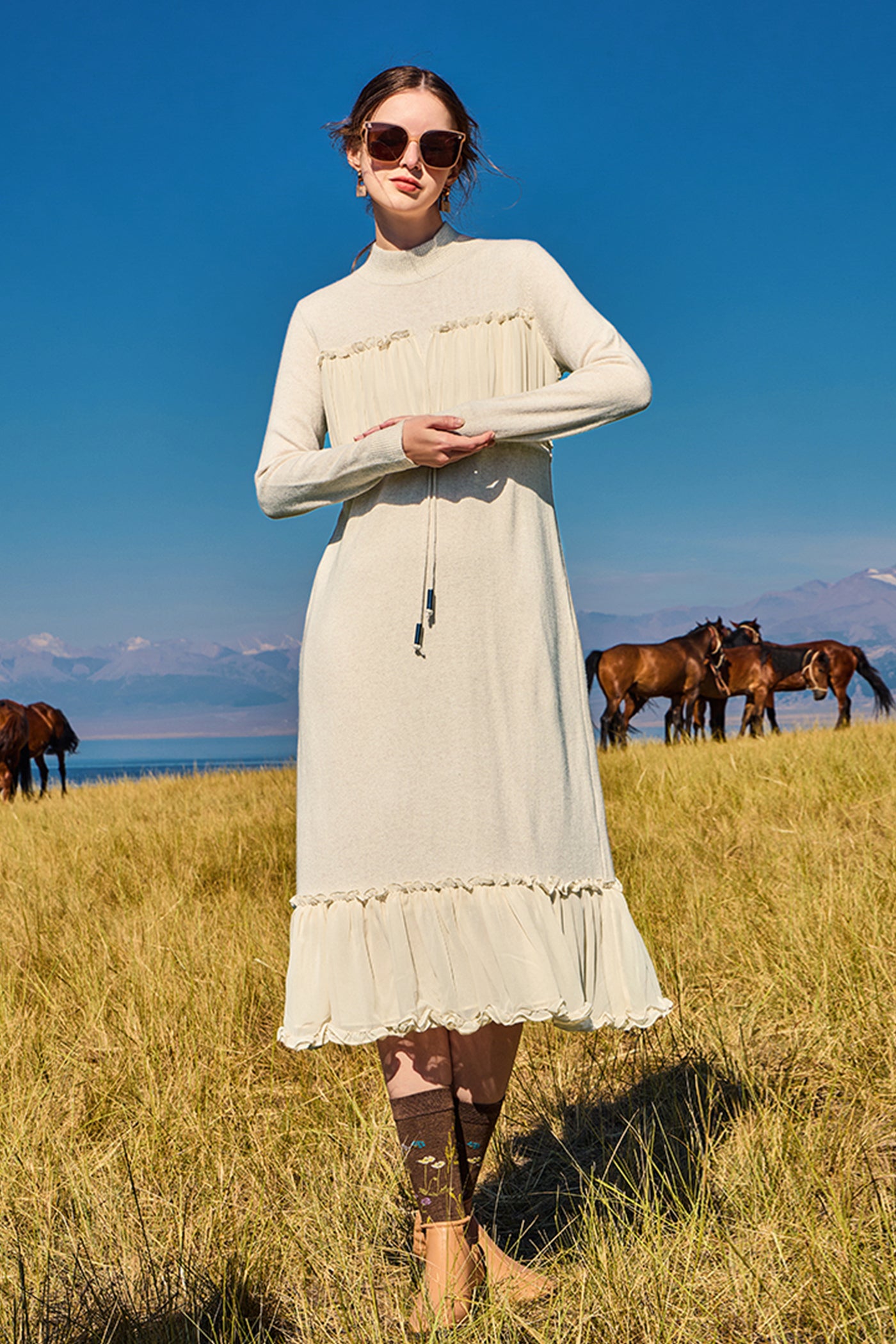 KAMILAN cashmere knit dress female autumn 2025 new style long-sleeved sweater dress
