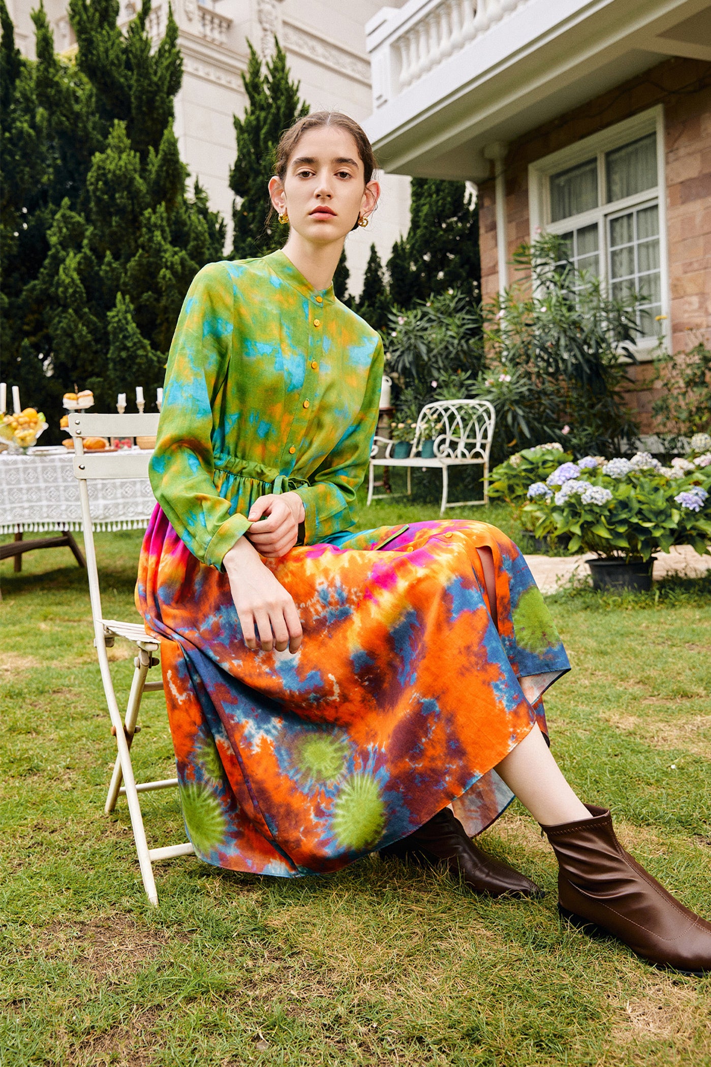 KAMILAN retro shirt-style highwaisted dress women's autumn 2025 new style long-sleeved printed A-line Dresses