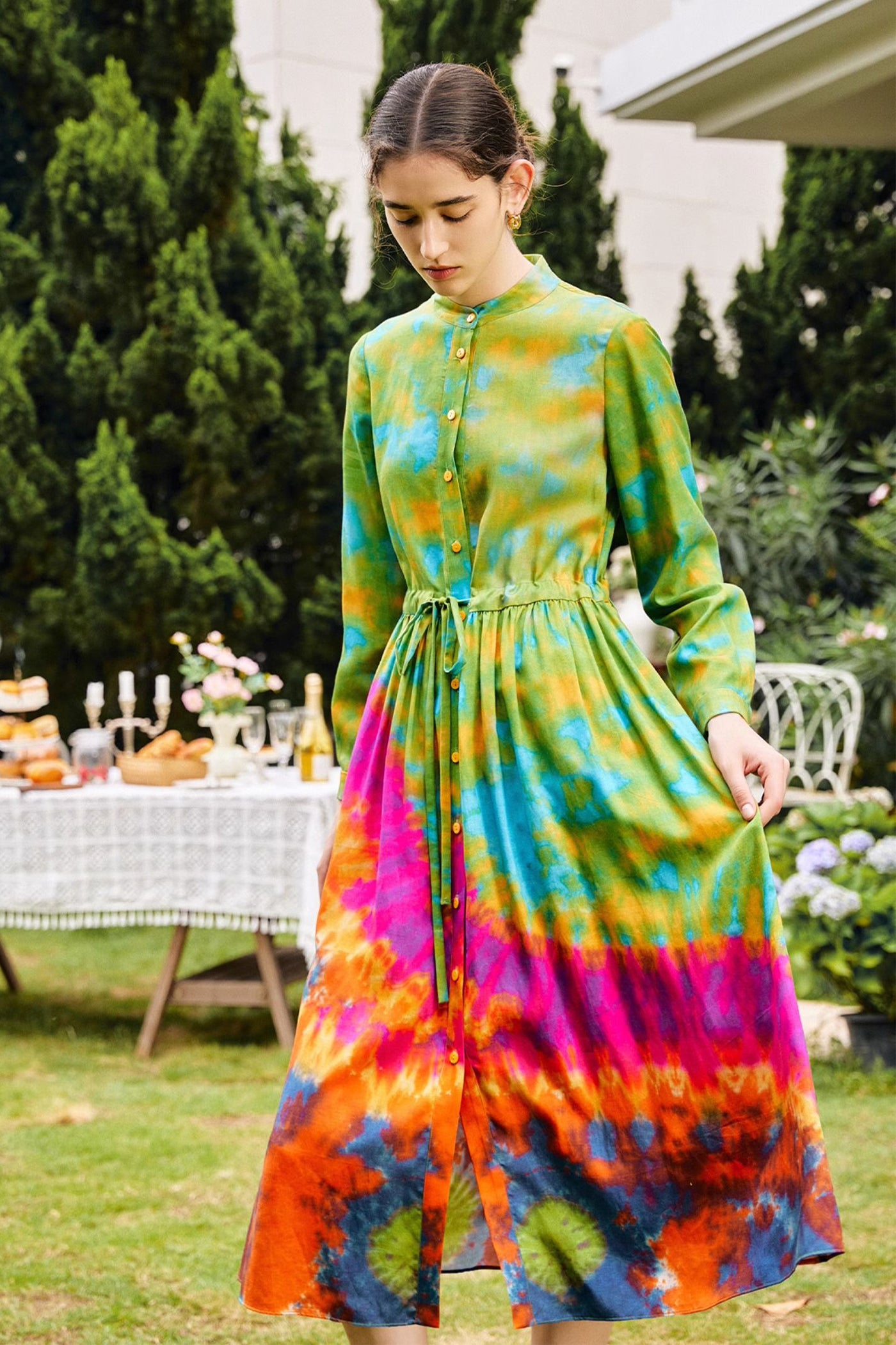 KAMILAN retro shirt-style highwaisted dress women's autumn 2025 new style long-sleeved printed A-line Dresses