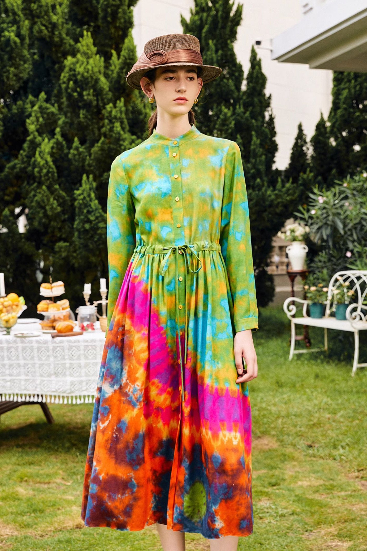 KAMILAN retro shirt-style highwaisted dress women's autumn 2025 new style long-sleeved printed A-line Dresses