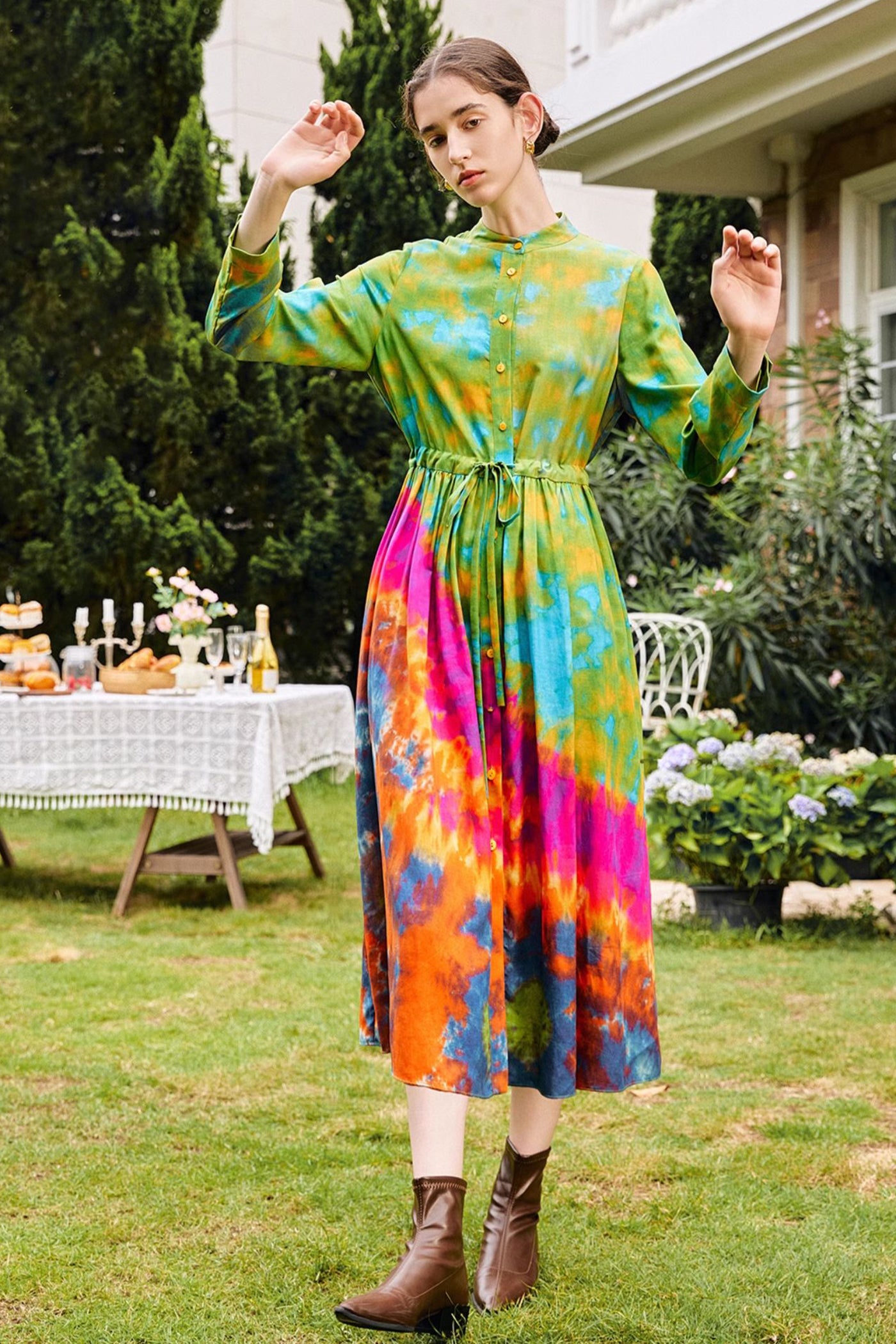 KAMILAN retro shirt-style highwaisted dress women's autumn 2025 new style long-sleeved printed A-line Dresses