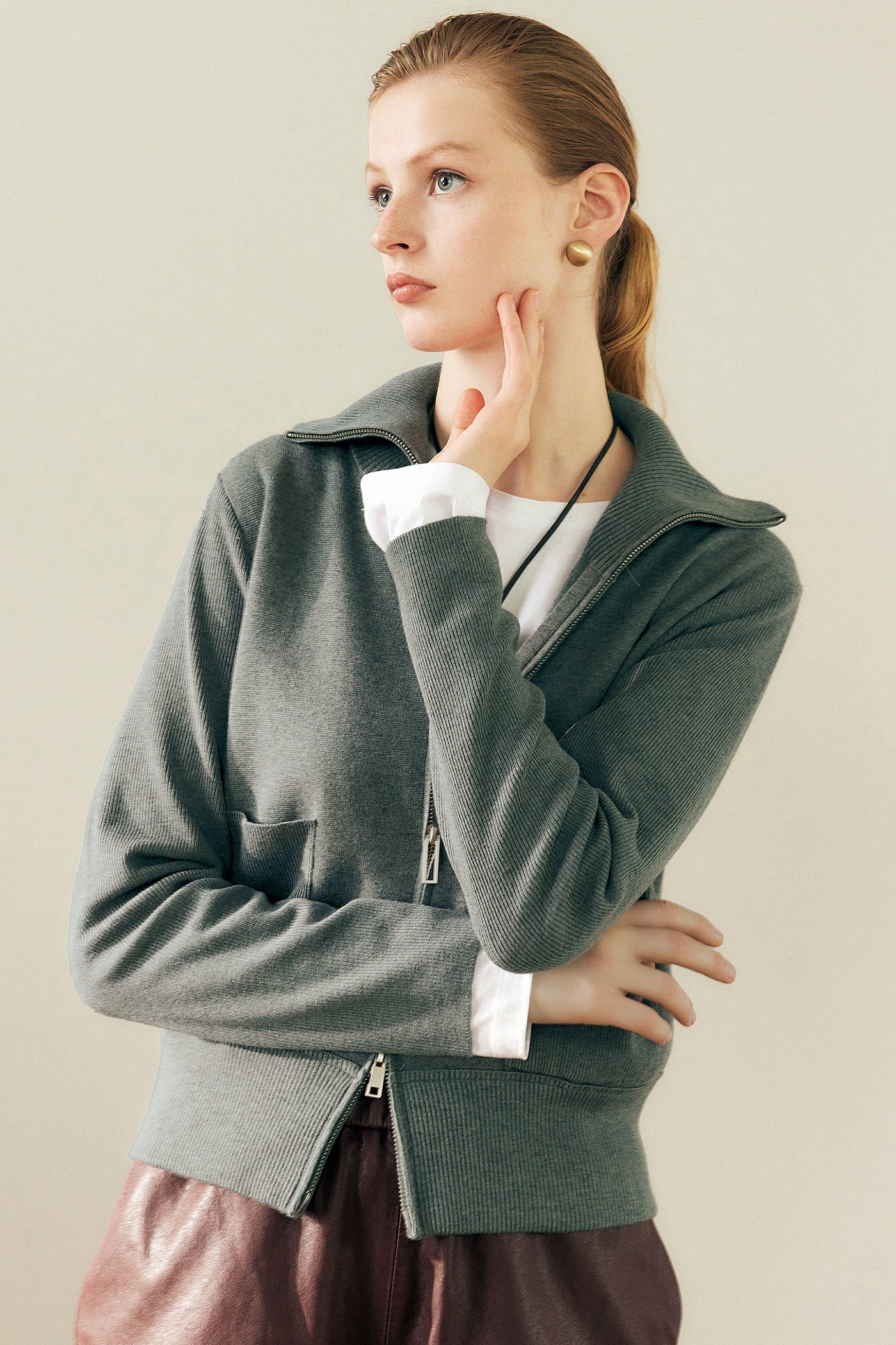 KAMILAN Women's Short Zip-Up Knit Cardigan – 2025 Fall New Turn-Down Collar Long Sleeve Sweater Jacket