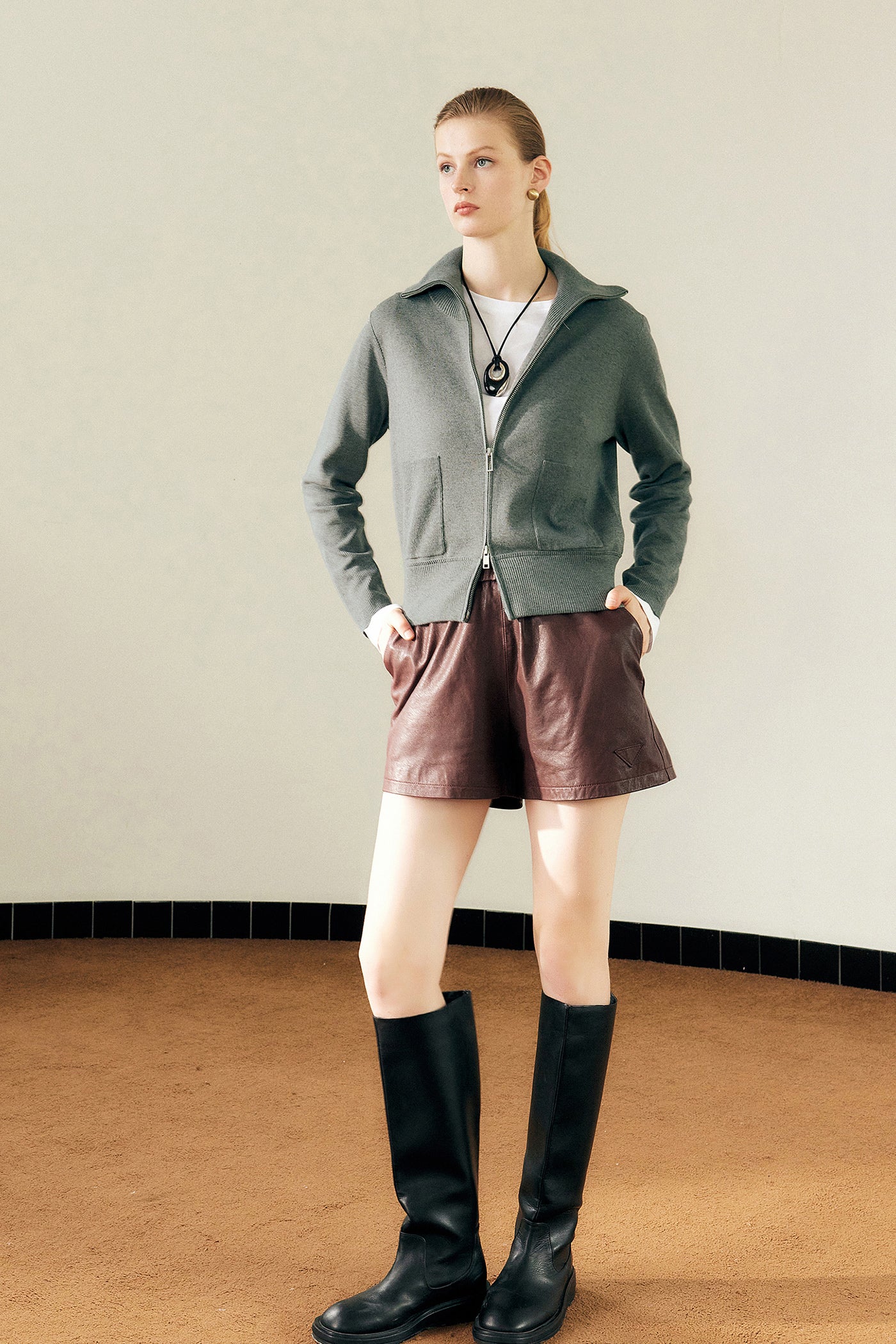 KAMILAN Women's Short Zip-Up Knit Cardigan – 2025 Fall New Turn-Down Collar Long Sleeve Sweater Jacket