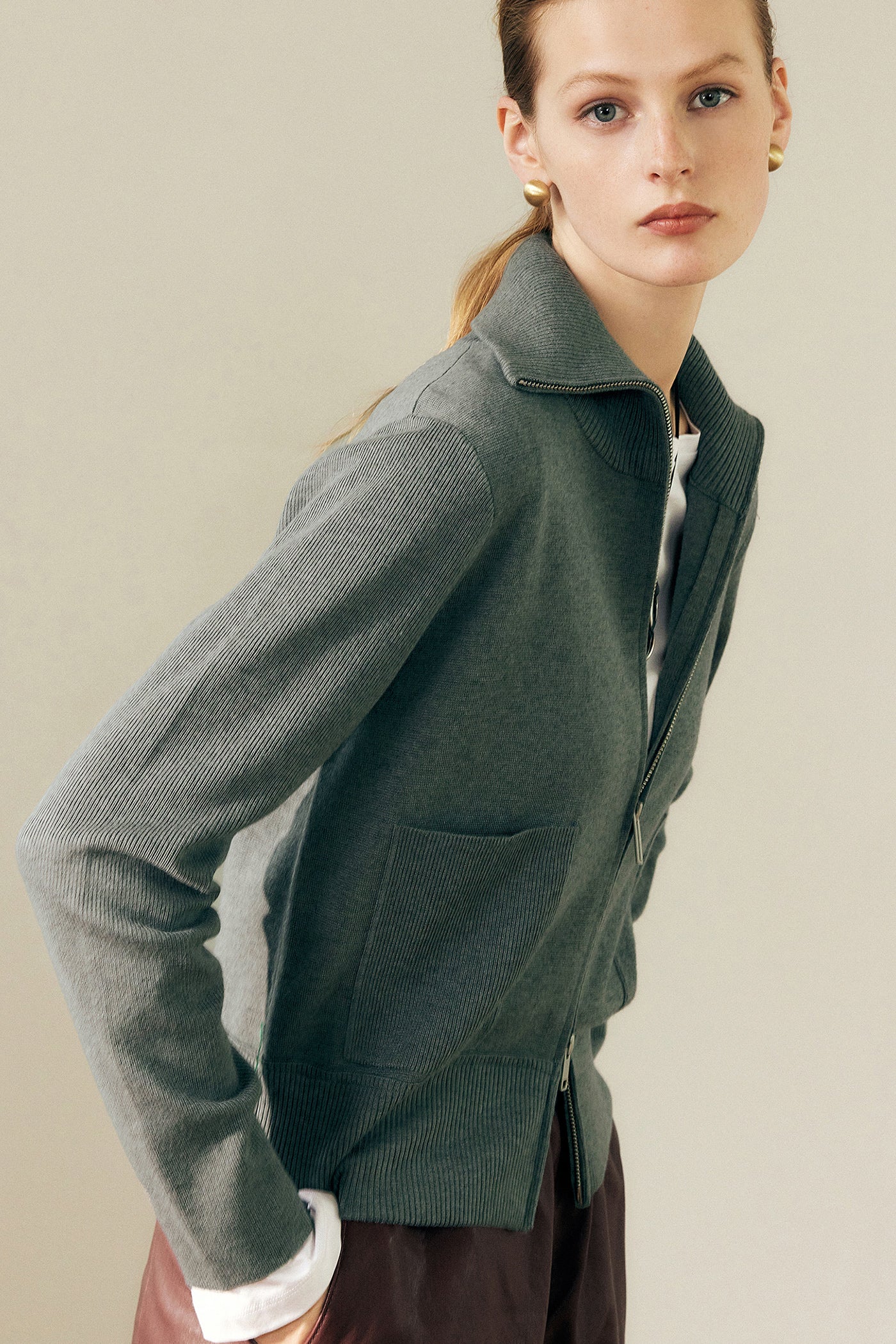KAMILAN Women's Short Zip-Up Knit Cardigan – 2025 Fall New Turn-Down Collar Long Sleeve Sweater Jacket