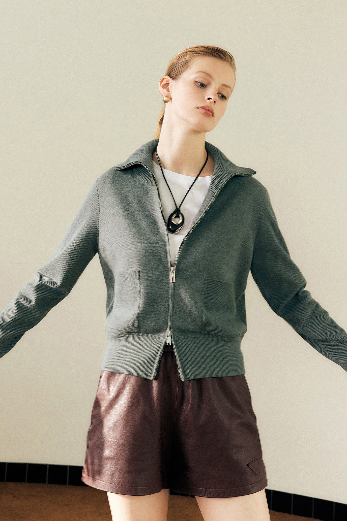 KAMILAN Women's Short Zip-Up Knit Cardigan – 2025 Fall New Turn-Down Collar Long Sleeve Sweater Jacket