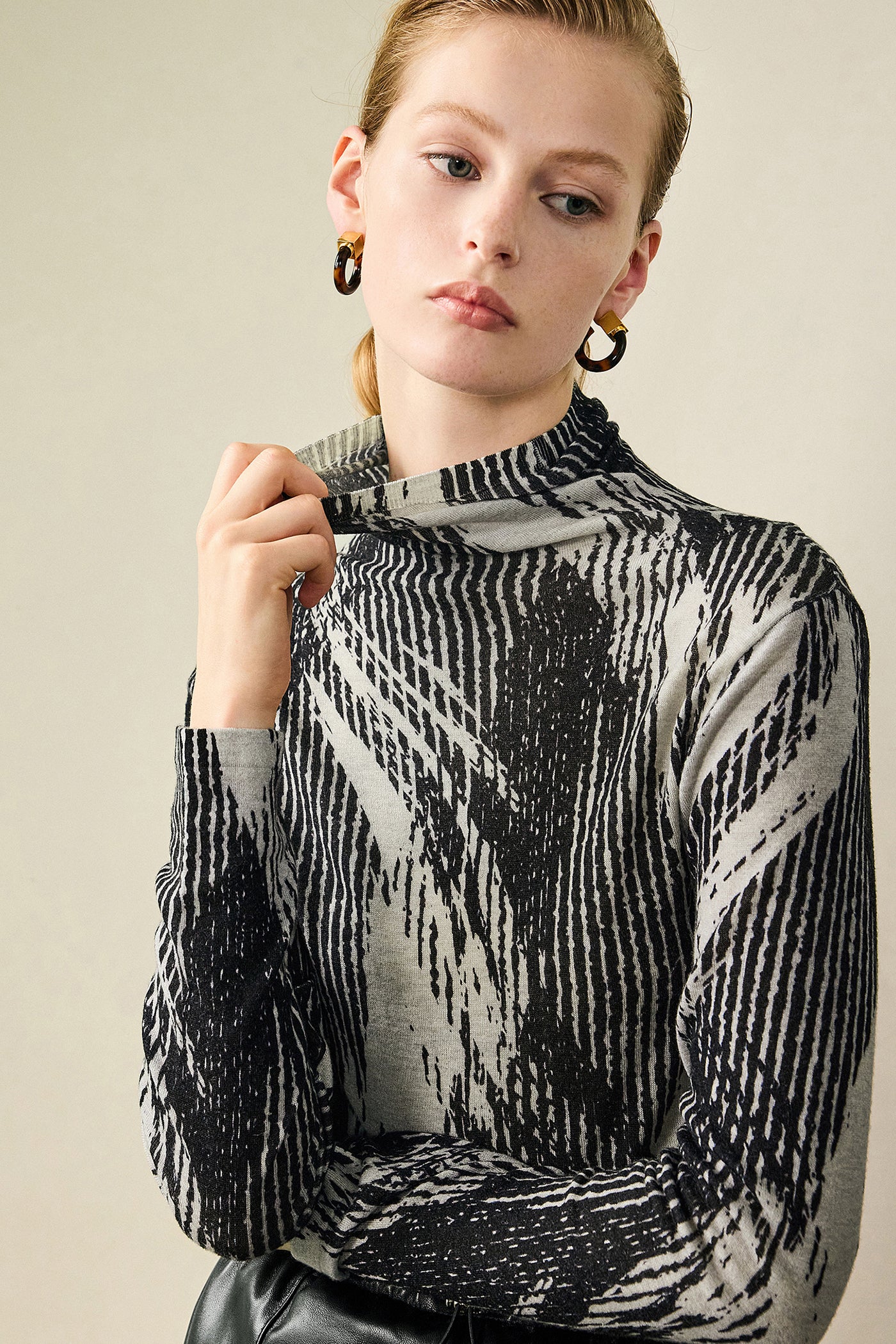 KAMILAN Women's Printed Wool Sweater – 2025 Fall High-Neck Knit Base Layer Top