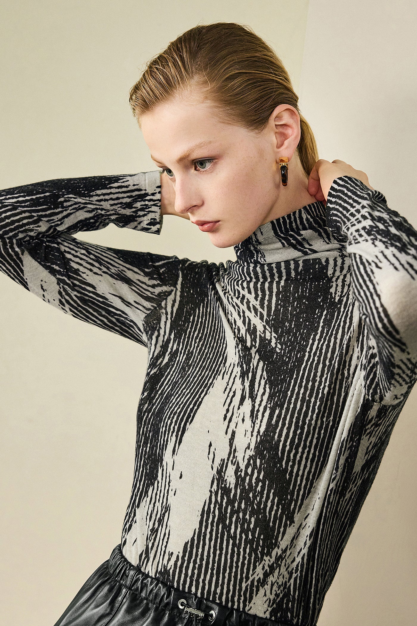 KAMILAN Women's Printed Wool Sweater – 2025 Fall High-Neck Knit Base Layer Top