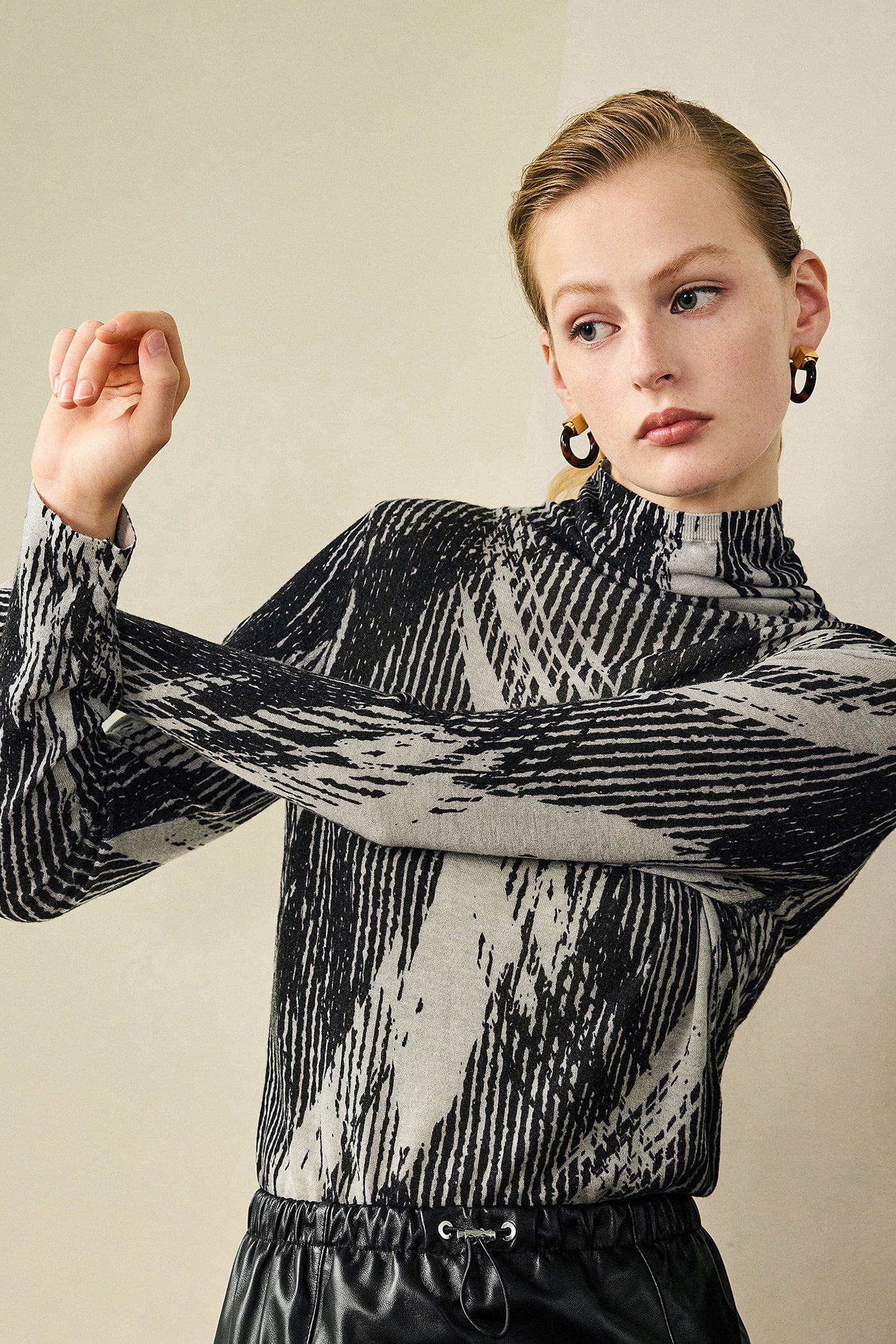 KAMILAN Women's Printed Wool Sweater – 2025 Fall High-Neck Knit Base Layer Top