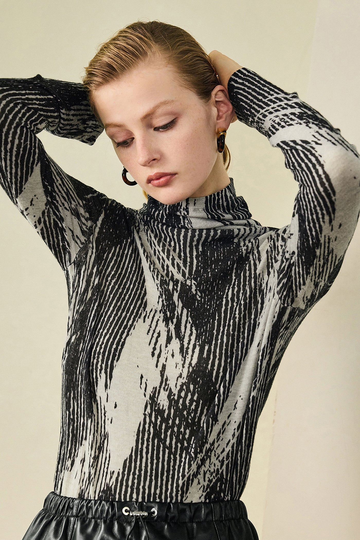 KAMILAN Women's Printed Wool Sweater – 2025 Fall High-Neck Knit Base Layer Top