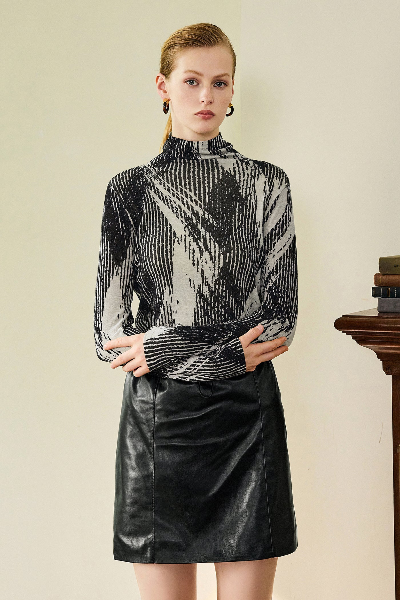 KAMILAN Women's Printed Wool Sweater – 2025 Fall High-Neck Knit Base Layer Top