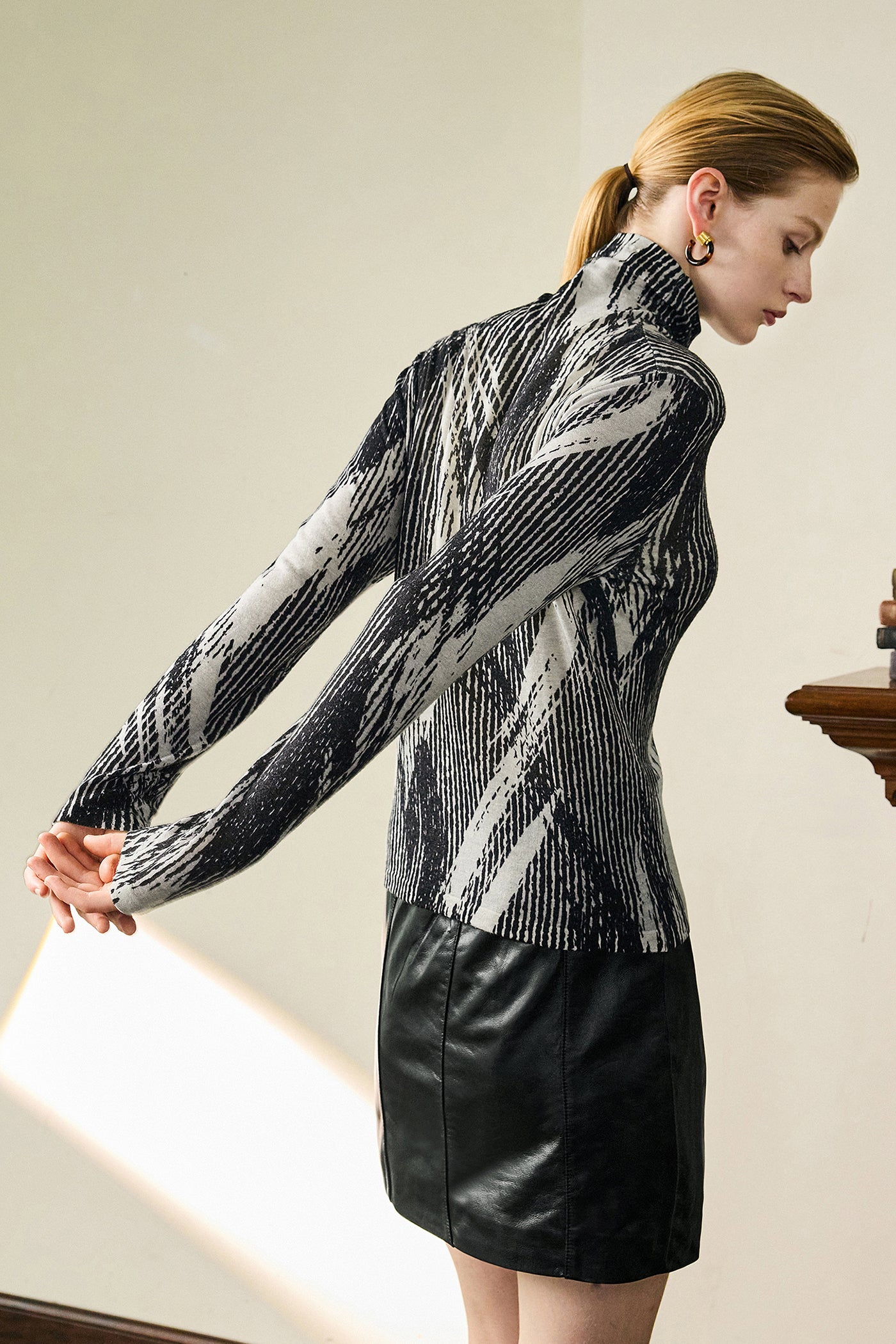 KAMILAN Women's Printed Wool Sweater – 2025 Fall High-Neck Knit Base Layer Top