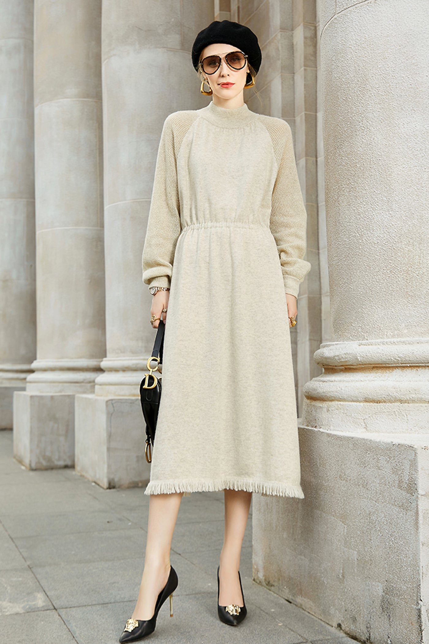 KAMILAN Women's Cashmere Blend Knit Sweater Dress 2025 Fall/Winter Mid-Length Long Sleeve Warm Pullover Dress