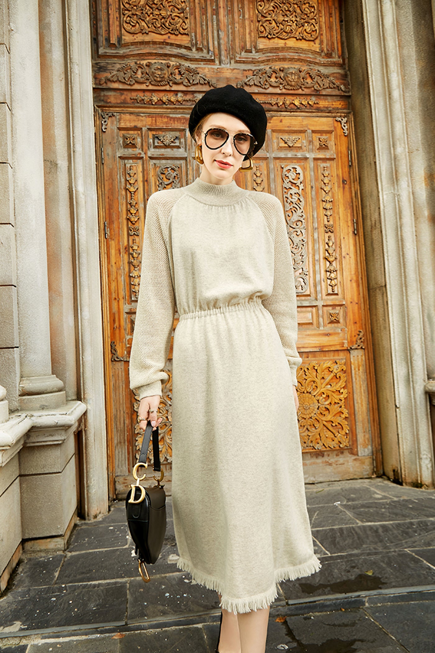 KAMILAN Women's Cashmere Blend Knit Sweater Dress 2025 Fall/Winter Mid-Length Long Sleeve Warm Pullover Dress