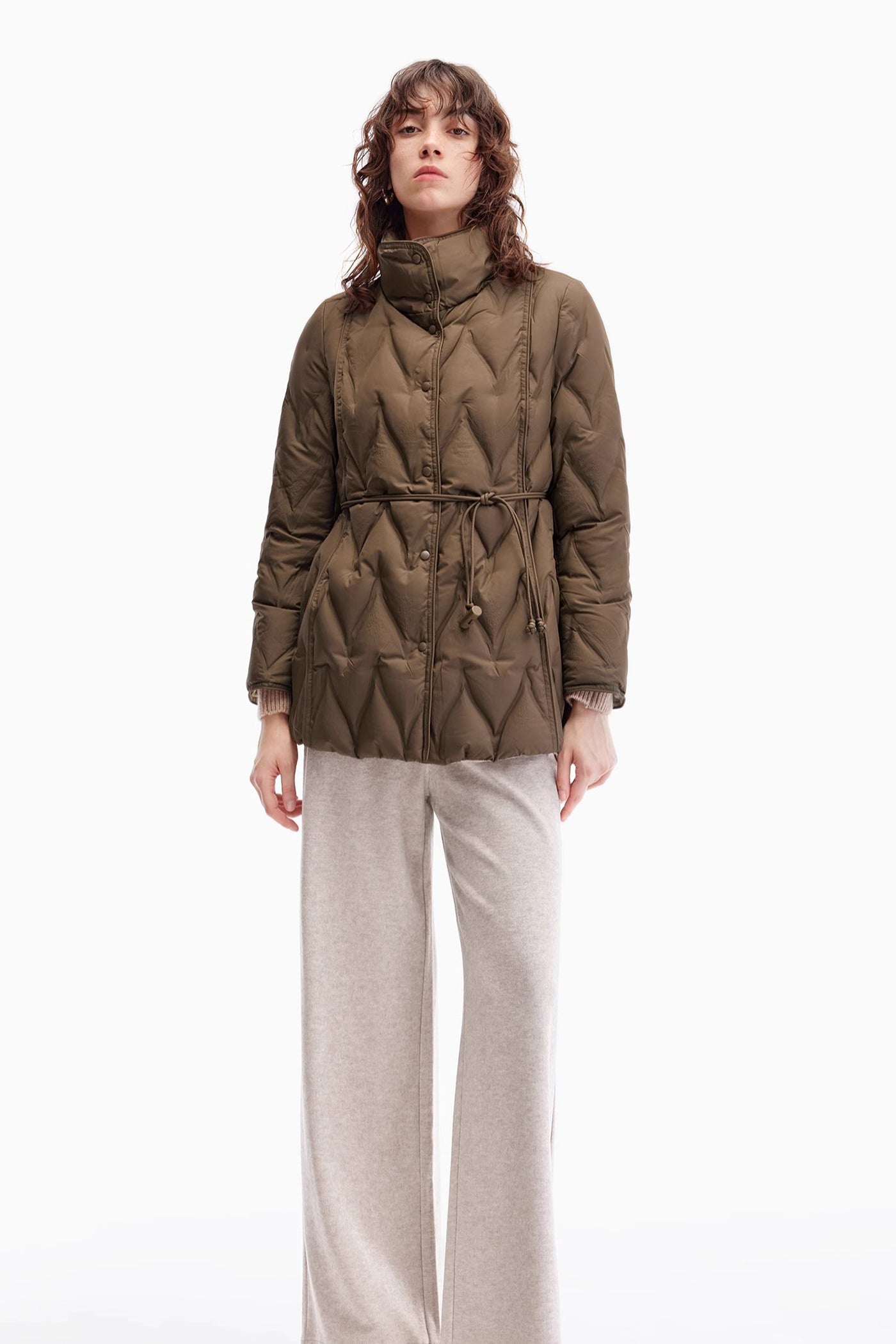 KAMILAN Women's Jacquard Diamond Quilted Down Jacket 2025 Winter High-Neck White Duck Down Puffer Coat