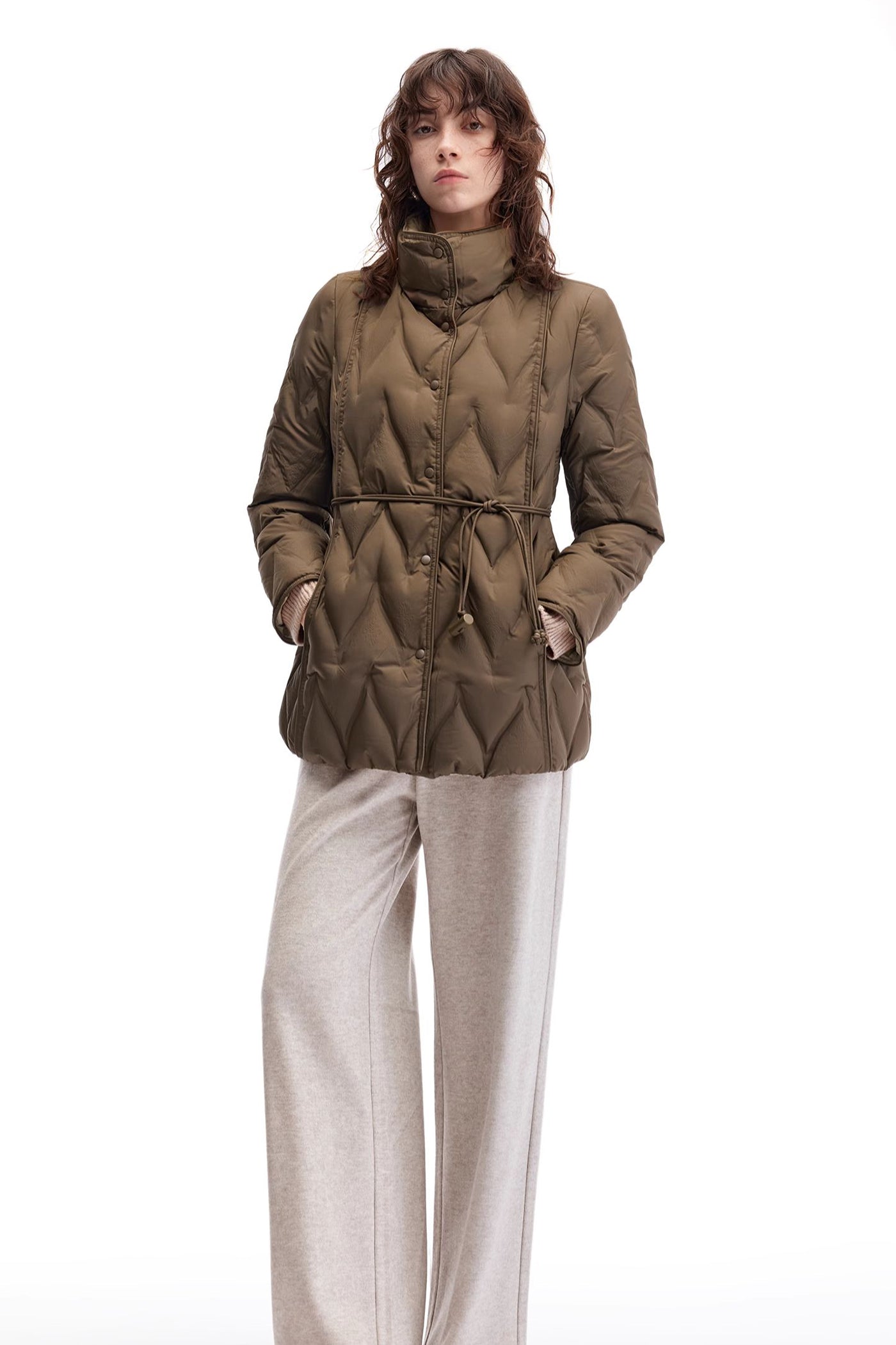 KAMILAN Women's Jacquard Diamond Quilted Down Jacket 2025 Winter High-Neck White Duck Down Puffer Coat