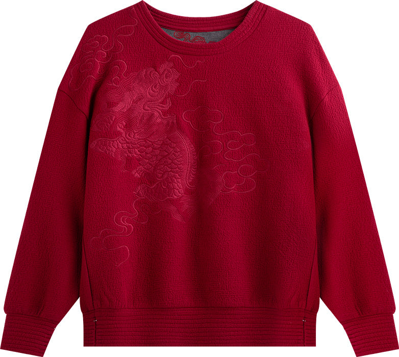 KAMILAN Women's Retro Jacquard Sweatshirt – 2025 Autumn New Red Casual Long-Sleeve Pullover Top