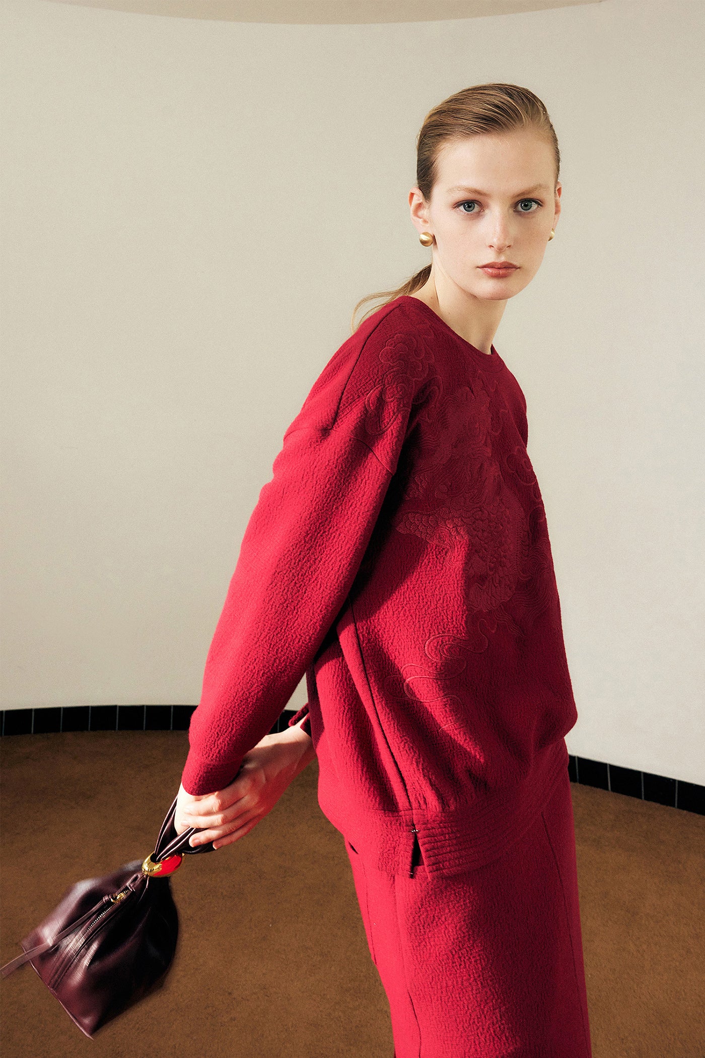 KAMILAN Women's Retro Jacquard Sweatshirt – 2025 Autumn New Red Casual Long-Sleeve Pullover Top