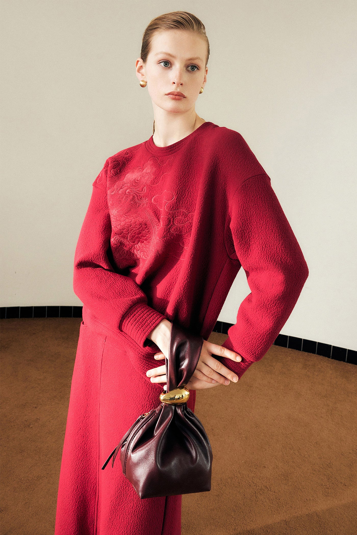 KAMILAN Women's Retro Jacquard Sweatshirt – 2025 Autumn New Red Casual Long-Sleeve Pullover Top