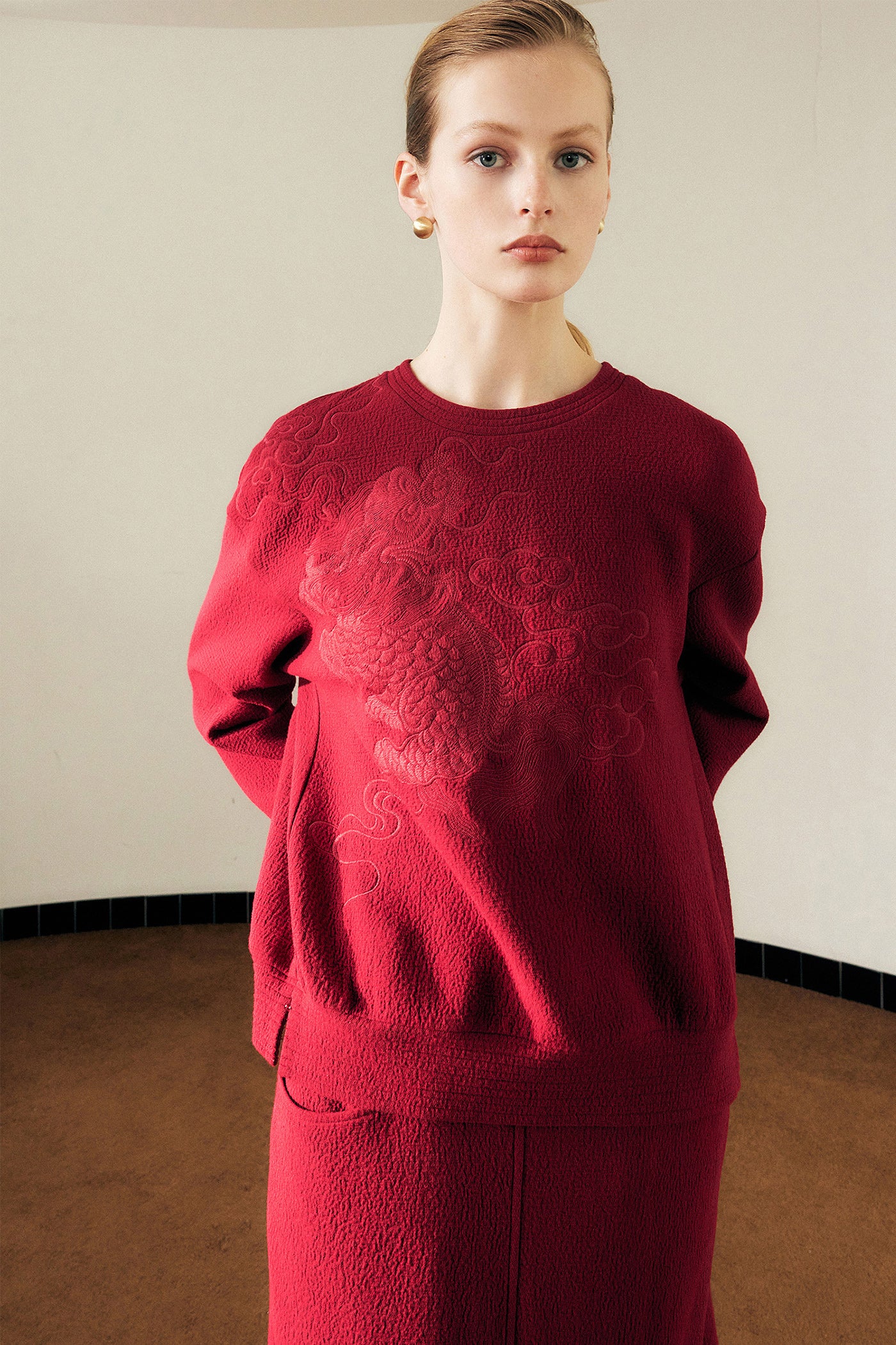KAMILAN Women's Retro Jacquard Sweatshirt – 2025 Autumn New Red Casual Long-Sleeve Pullover Top