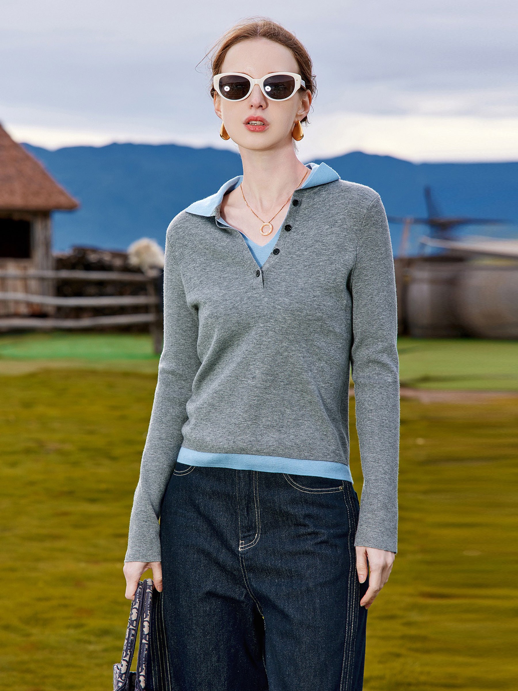 KAMILAN Women’s 2025 Fall French-Style Colorblock Polo Collar Knit Pullover Sweater Slim Casual Long-Sleeve Top