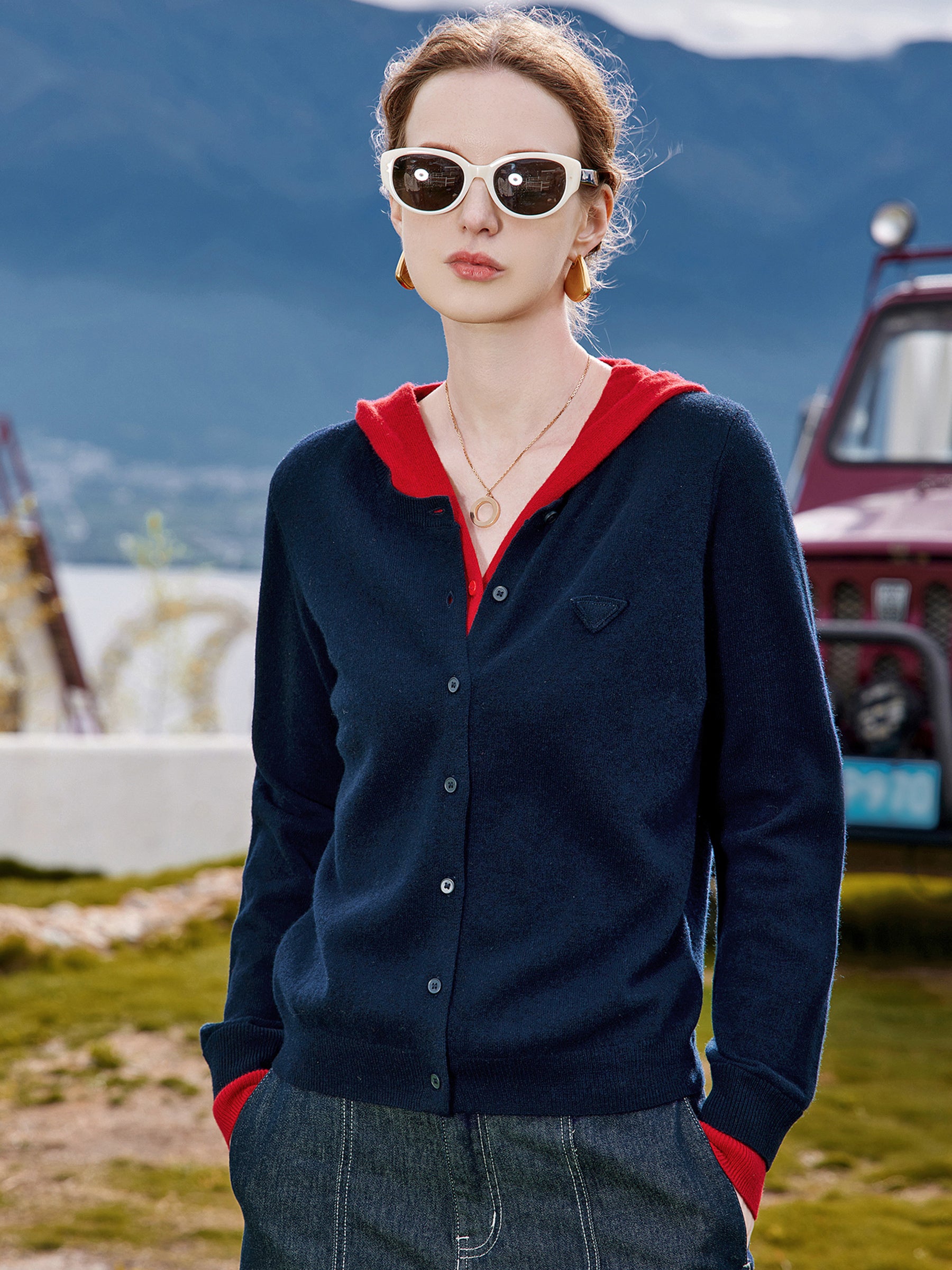 KAMILAN Women’s 2025 Fall 100% Merino Wool Colorblock Hooded Knit Cardigan Button-Front Soft Loose-Fit Sweater Jacket