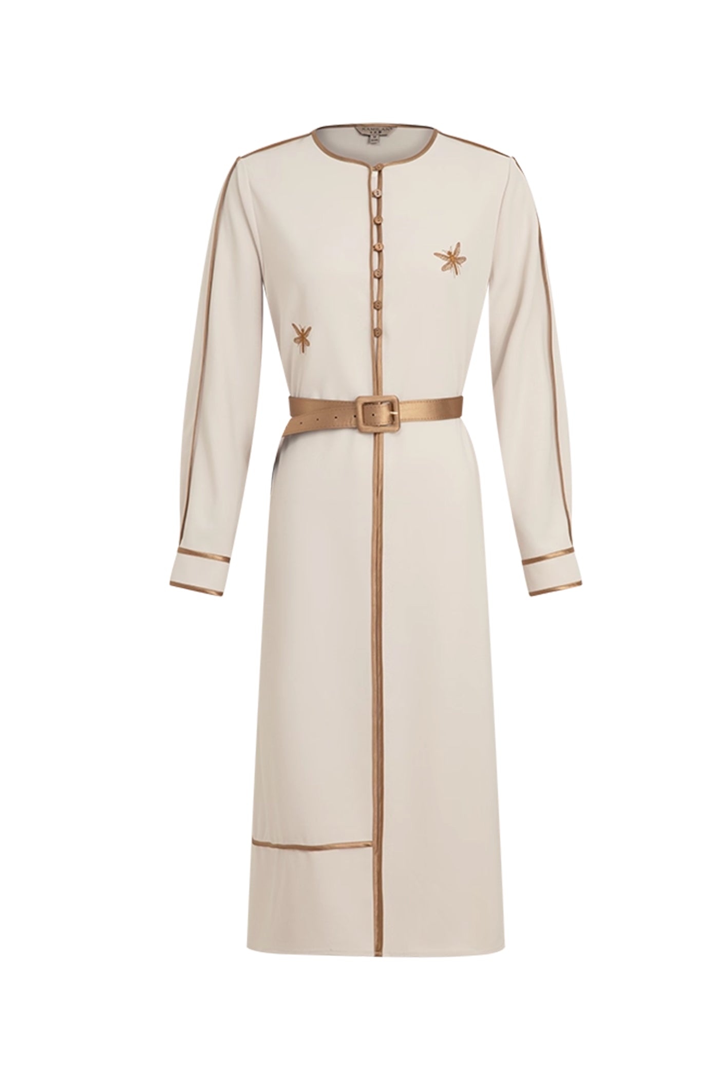 KAMILAN Belted Long Sleeve Dress with Delicate Dragonfly Embroidery