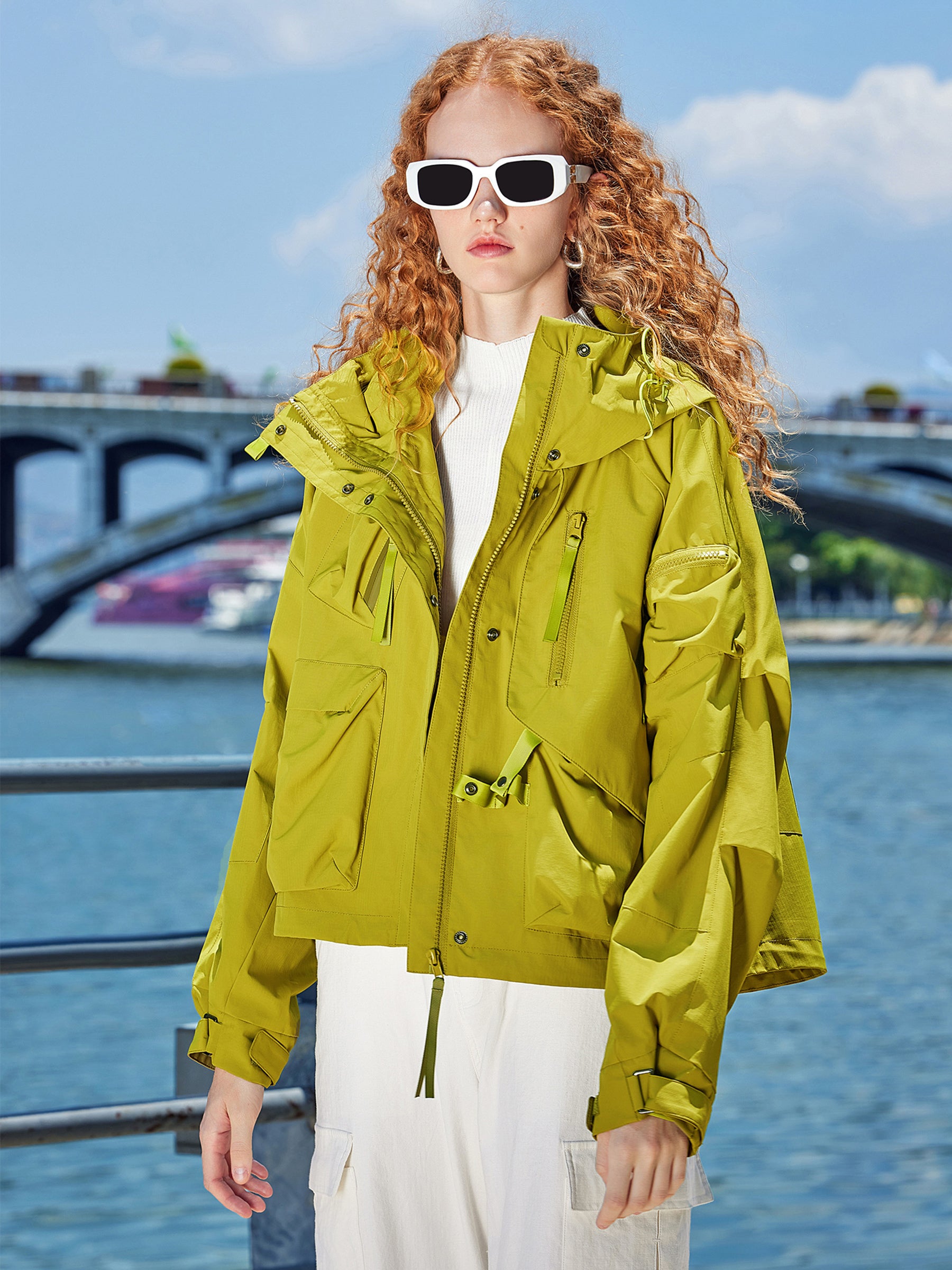 KAMILAN Women’s 2025 Fall Short Hooded Polyester Trench Coat Water-Repellent Casual Loose-Fit Jacket Olive Yellow